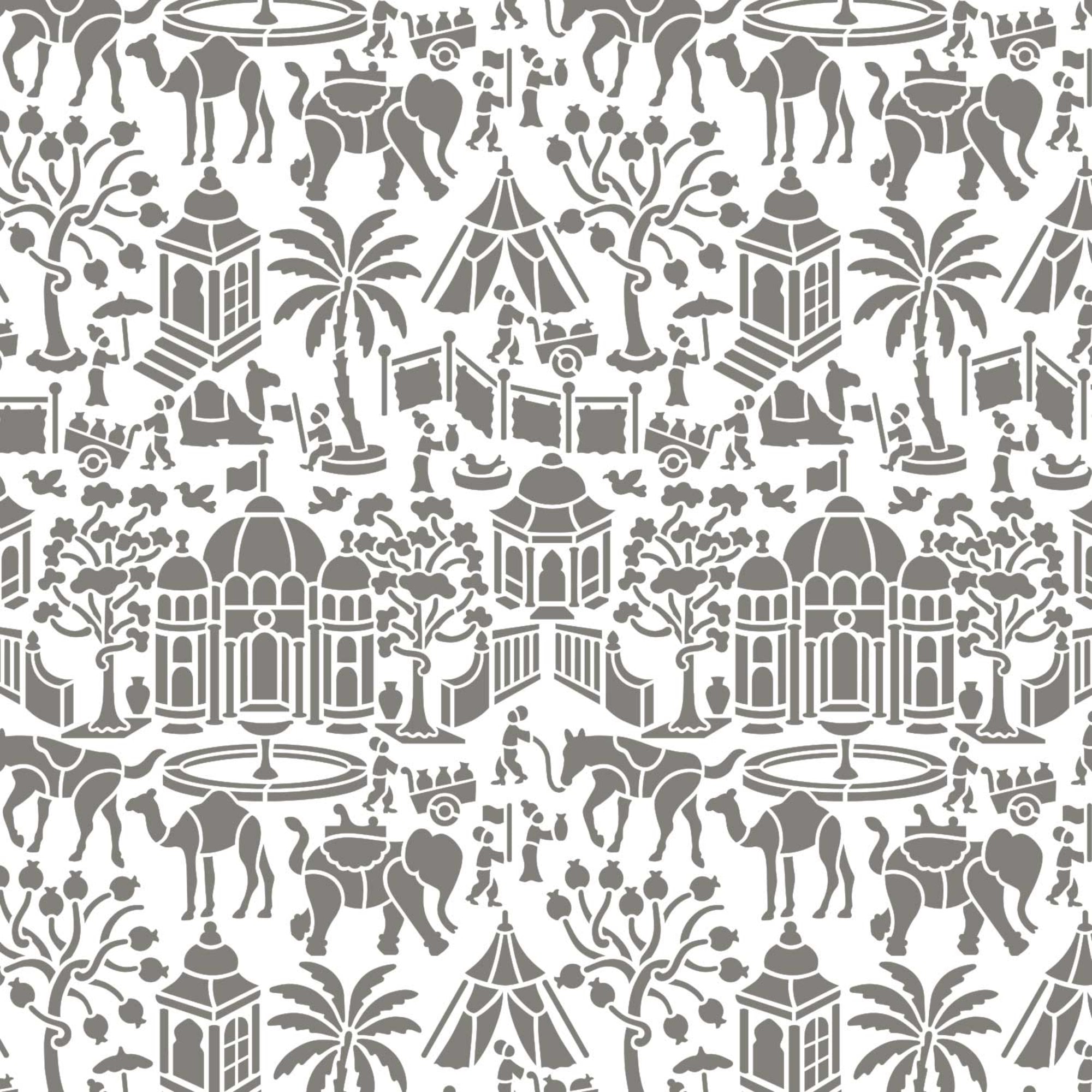 Indian village wall stencil pattern shown in gray and white design with elephant, camel, horse, palm tree, gazebo, and figures repeating motifs, ideal for DIY wall painting and interior decor projects.