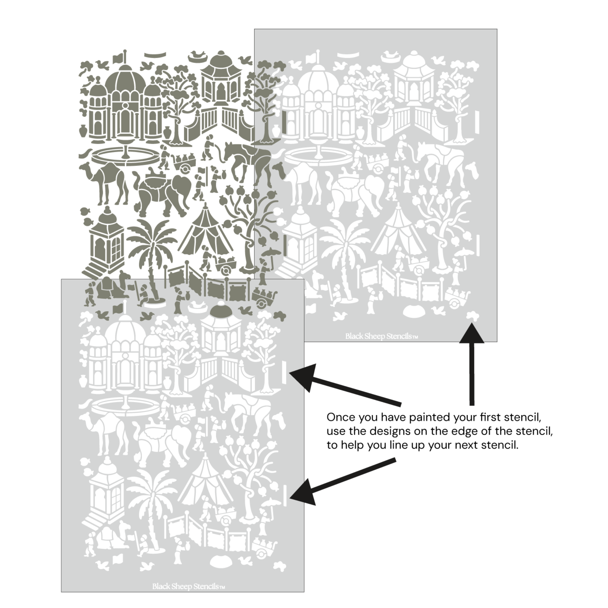 Indian village wall stencil shown with alignment guides, demonstrating how to line up overlapping stencil sheets for continuous floral pattern during DIY wall painting.