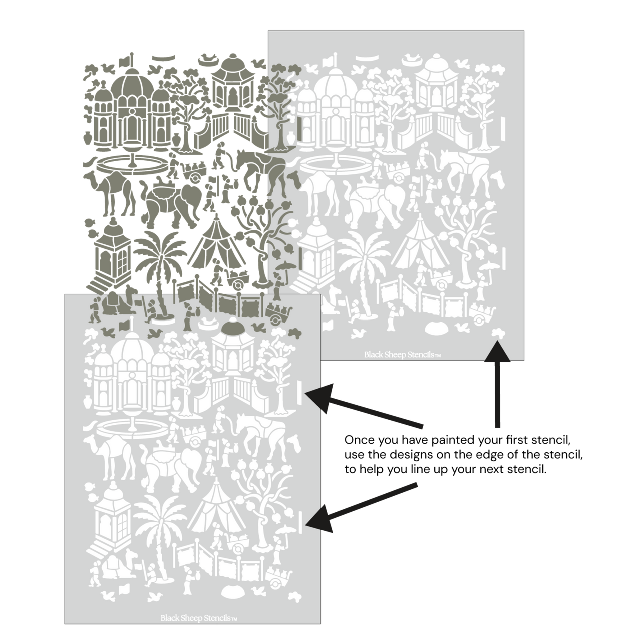 Indian village wall stencil shown with alignment guides, demonstrating how to line up overlapping stencil sheets for continuous floral pattern during DIY wall painting.