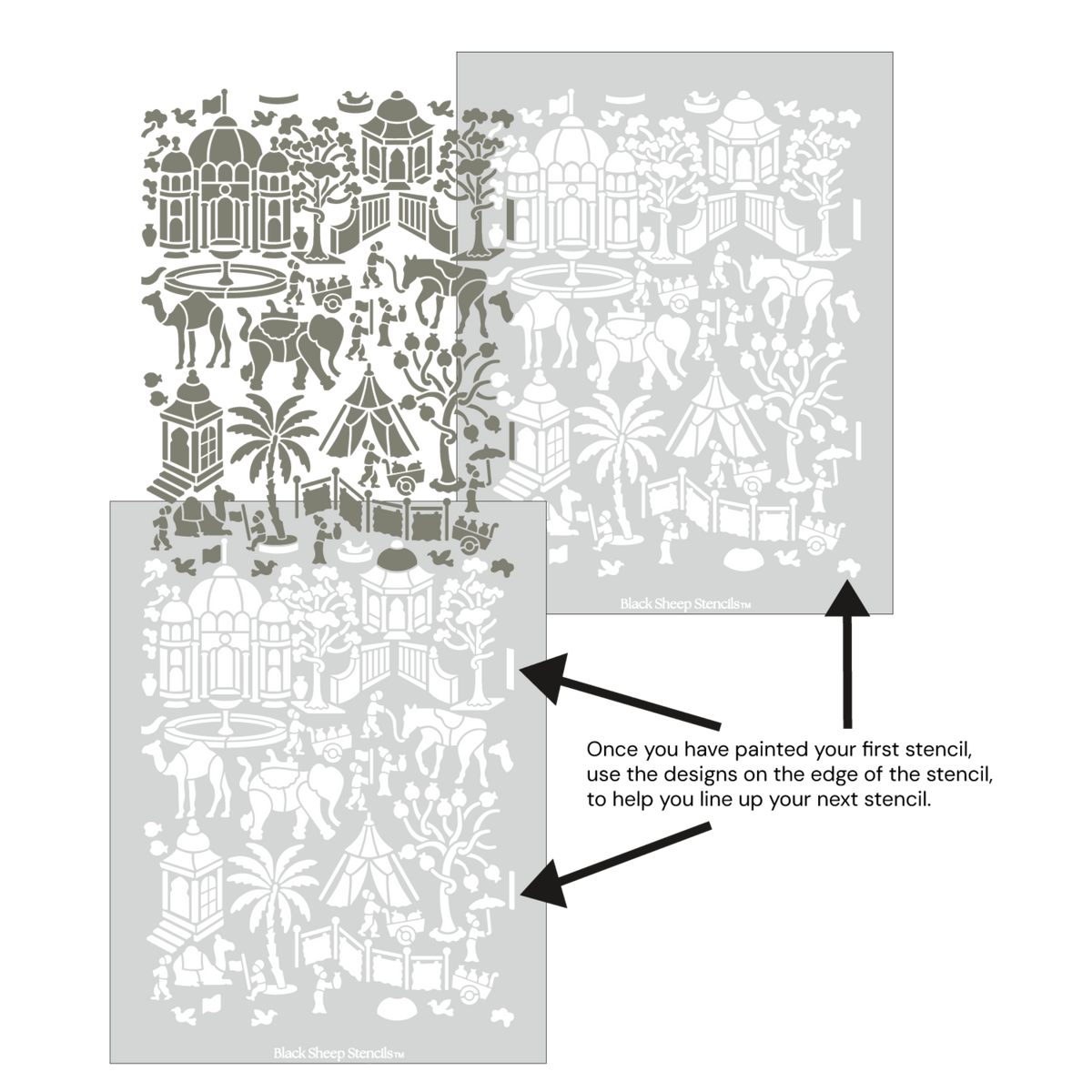 Indian village wall stencil shown with alignment guides, demonstrating how to line up overlapping stencil sheets for continuous floral pattern during DIY wall painting.