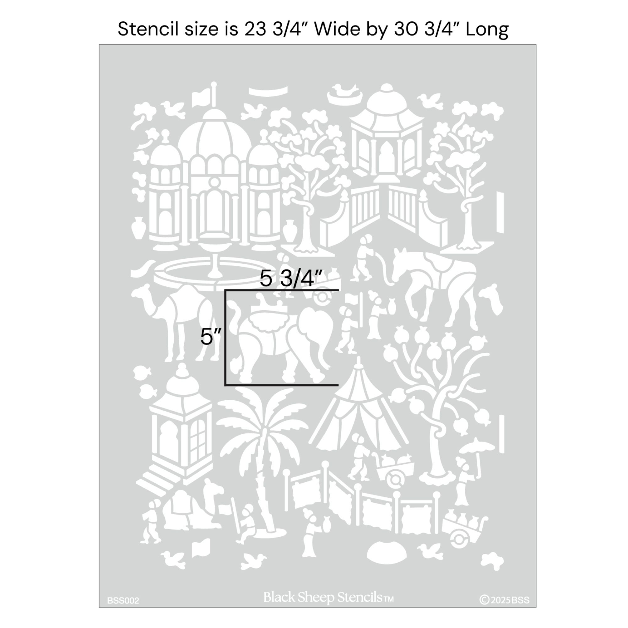 Indian village wall stencil with product dimensions showing  23 3/4 inches wide by 30 3/4 inches long.