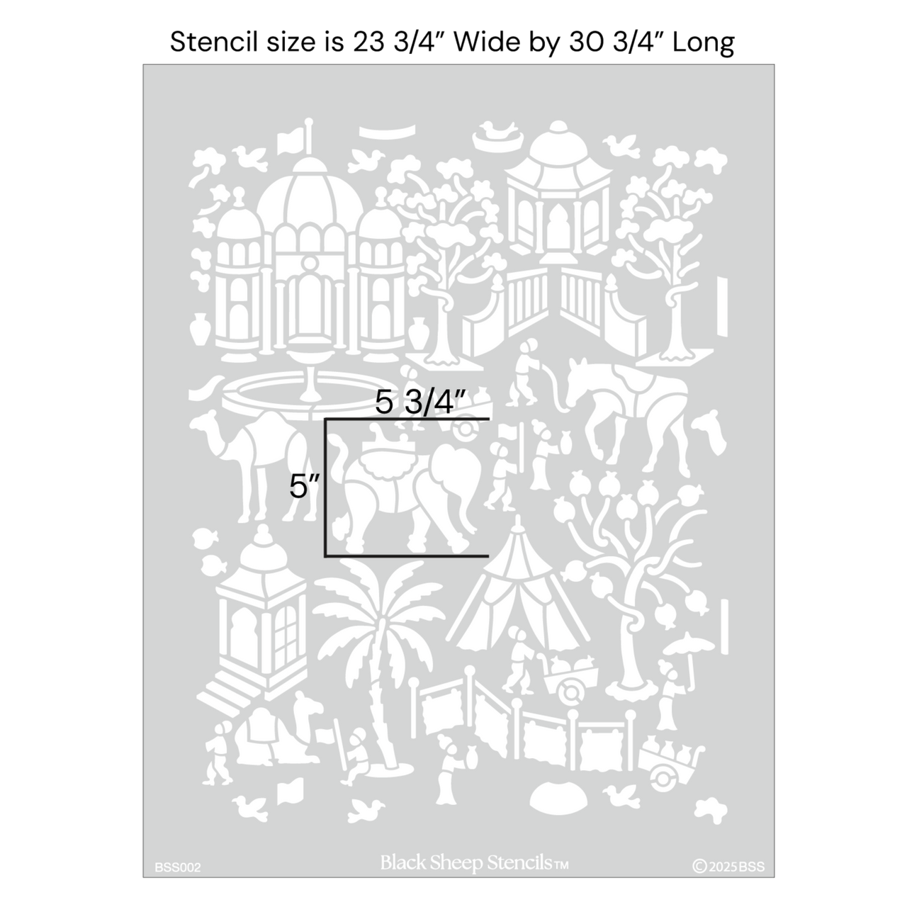 Indian village wall stencil with product dimensions showing  23 3/4 inches wide by 30 3/4 inches long.