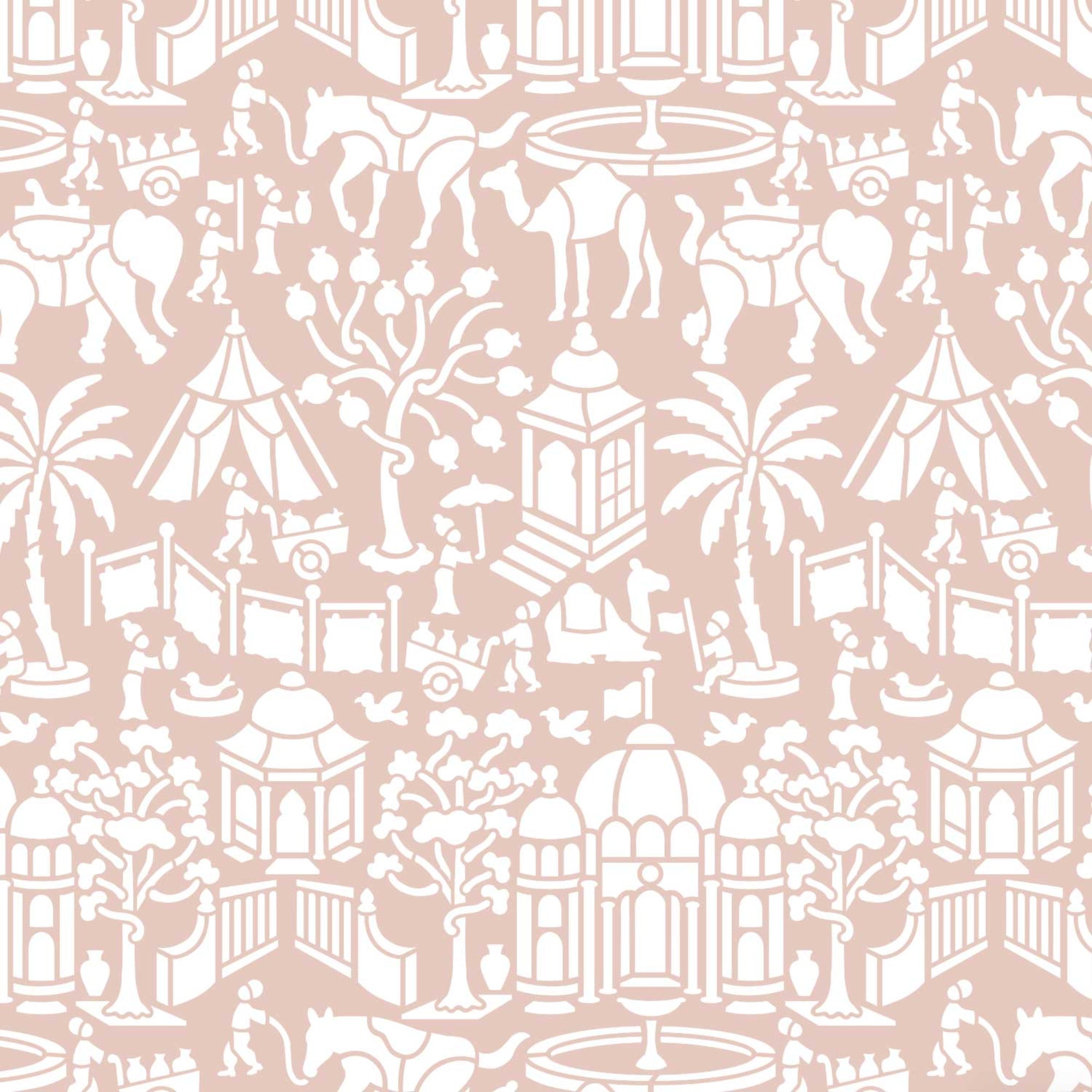 Indian village wall stencil pattern shown in pink and white design with elephant, camel, horse, palm tree, gazebo, and figures repeating motifs, ideal for DIY wall painting and interior decor projects.