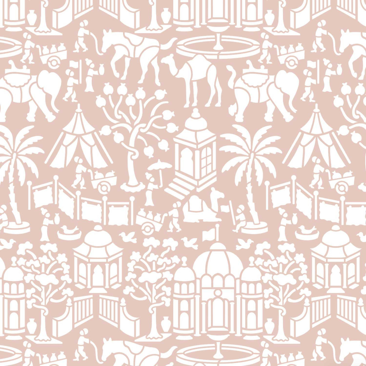 Indian village wall stencil pattern shown in pink and white design with elephant, camel, horse, palm tree, gazebo, and figures repeating motifs, ideal for DIY wall painting and interior decor projects.