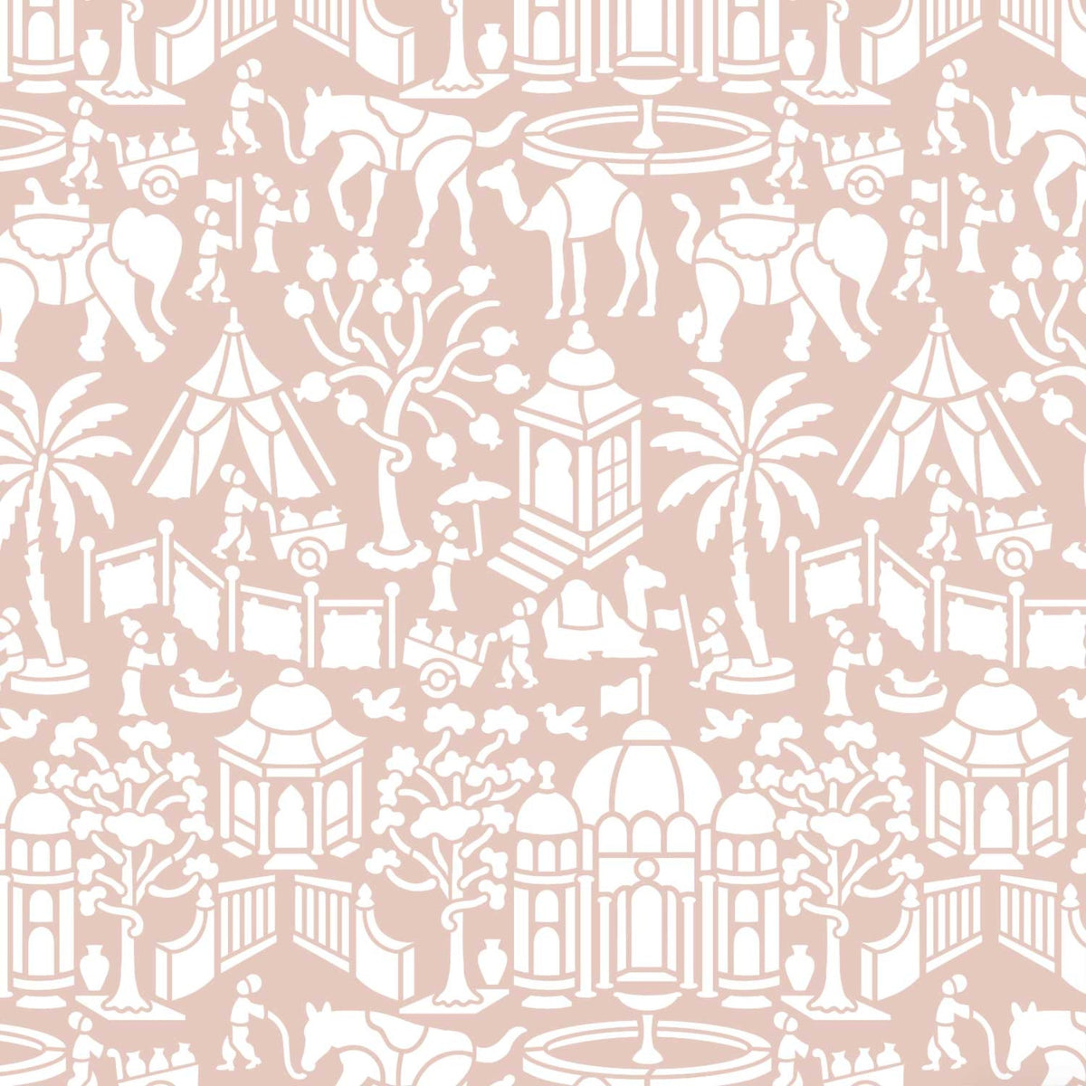 Indian village wall stencil pattern shown in pink and white design with elephant, camel, horse, palm tree, gazebo, and figures repeating motifs, ideal for DIY wall painting and interior decor projects.