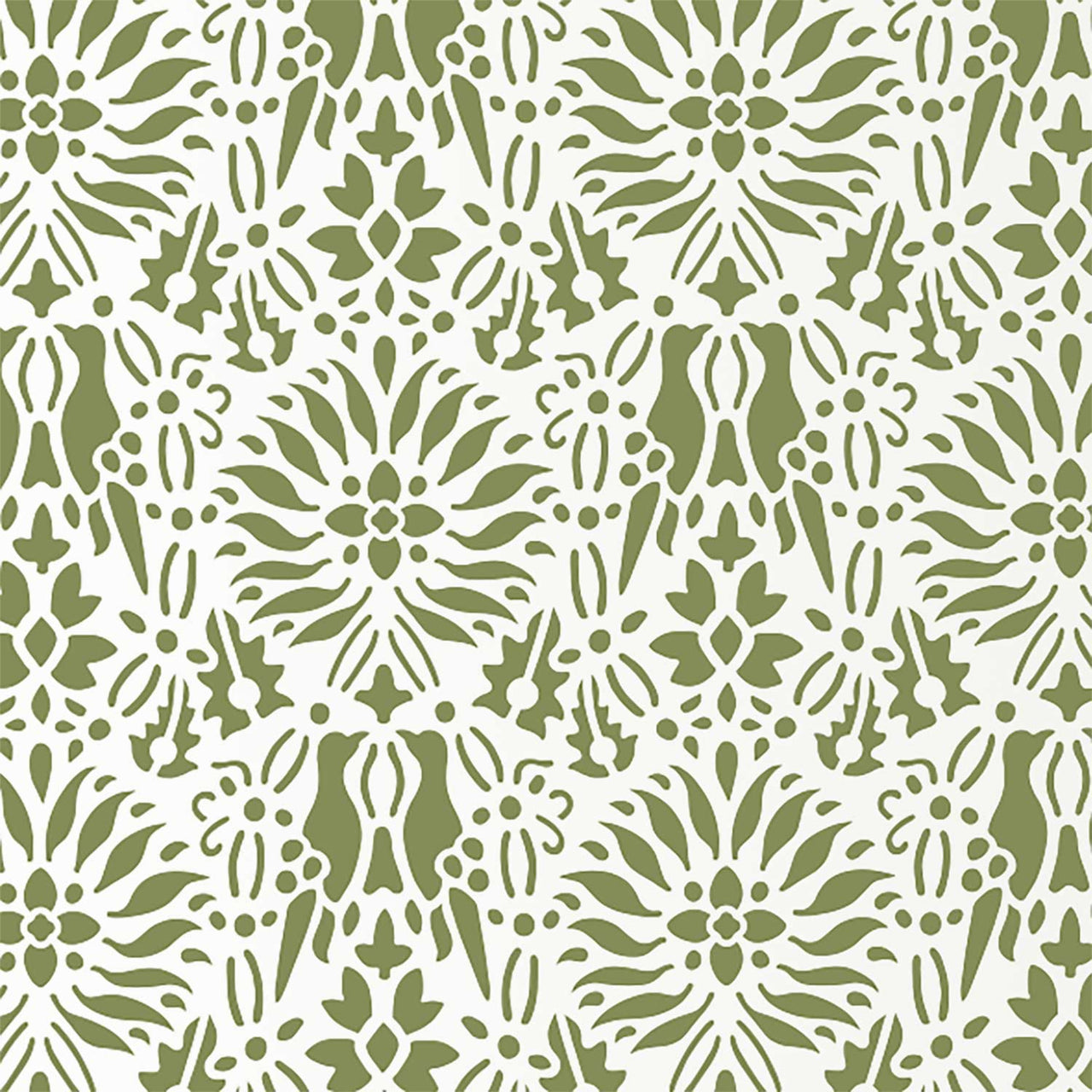Morning dove wall stencil pattern shown in green and white with repeat motifs, ideal for DIY wall painting and interior decor projects.