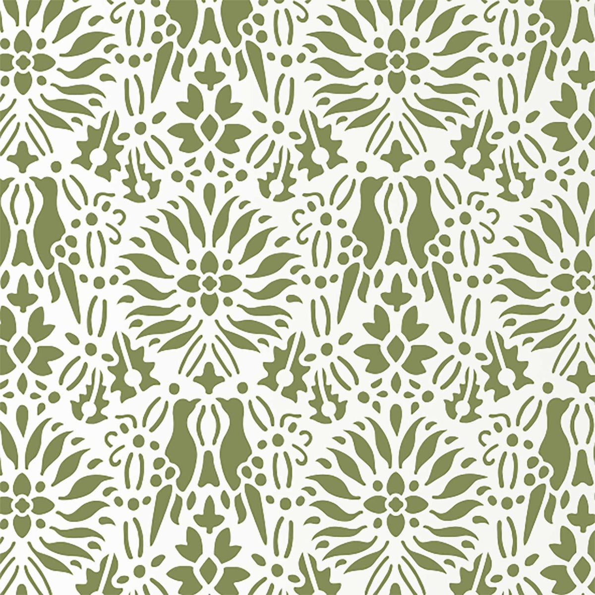Morning dove wall stencil pattern shown in green and white with repeat motifs, ideal for DIY wall painting and interior decor projects.