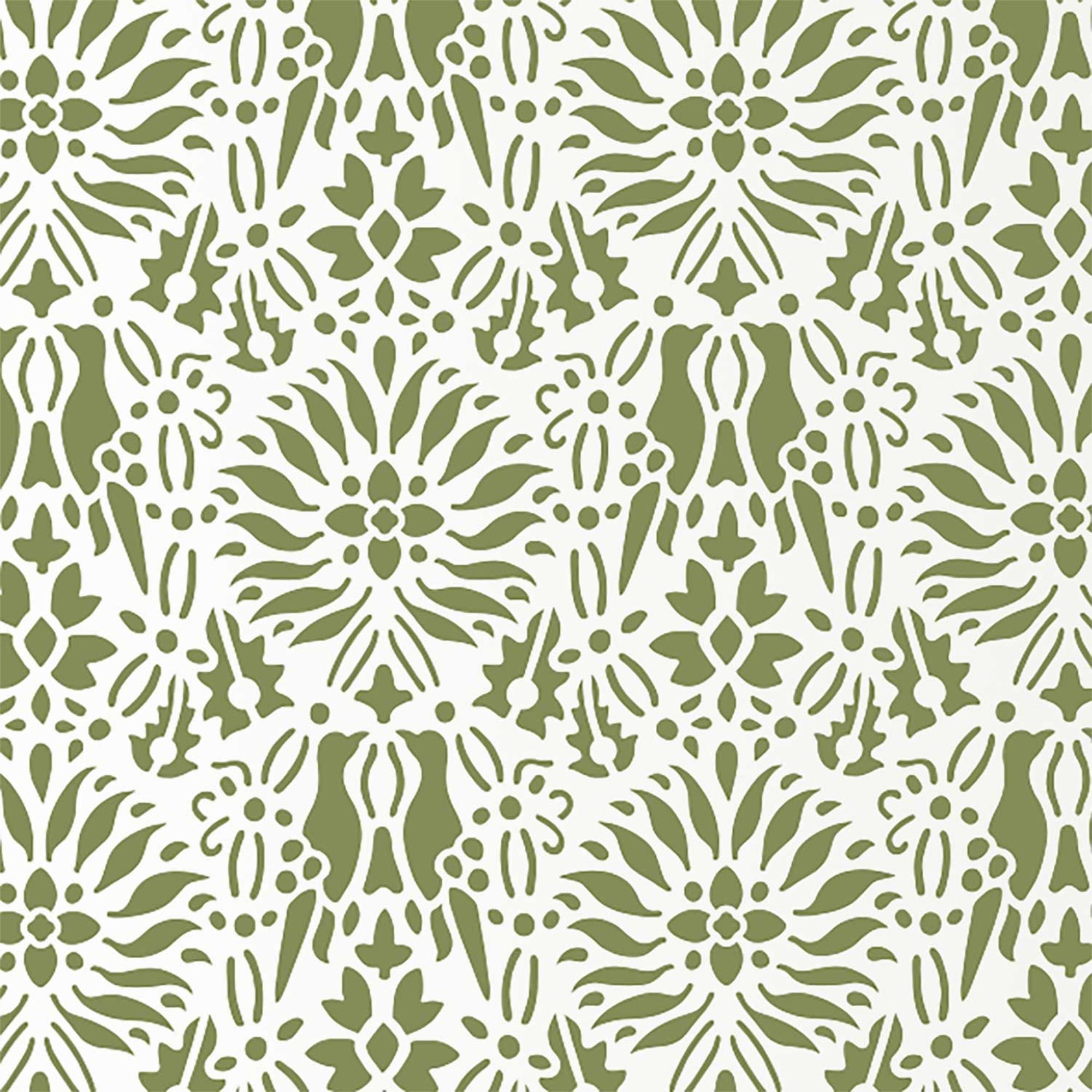 Morning dove wall stencil pattern shown in green and white with repeat motifs, ideal for DIY wall painting and interior decor projects.