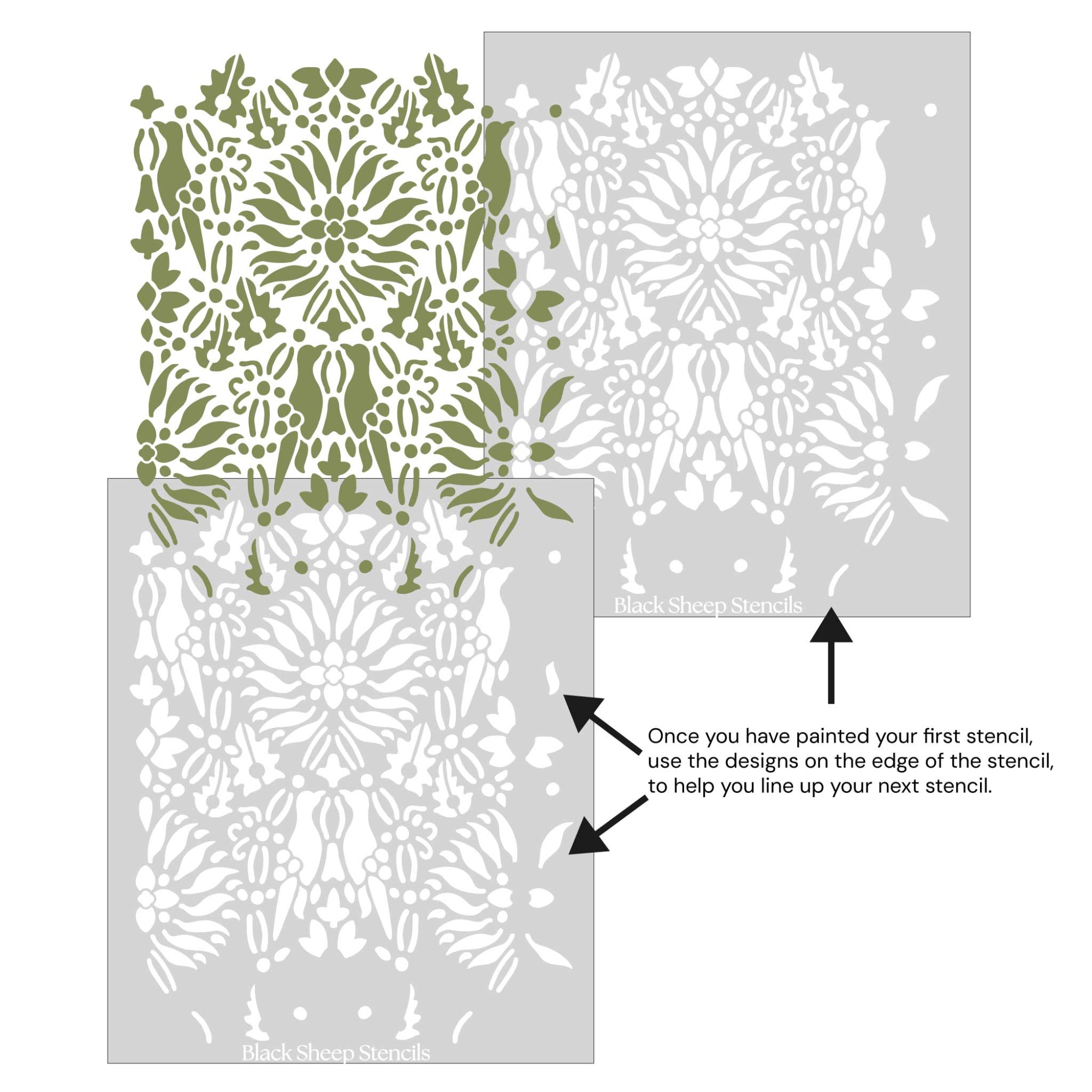 Morning dove wall stencil shown with alignment guides, demonstrating how to line up overlapping stencil sheets for continuous floral pattern during DIY wall painting.