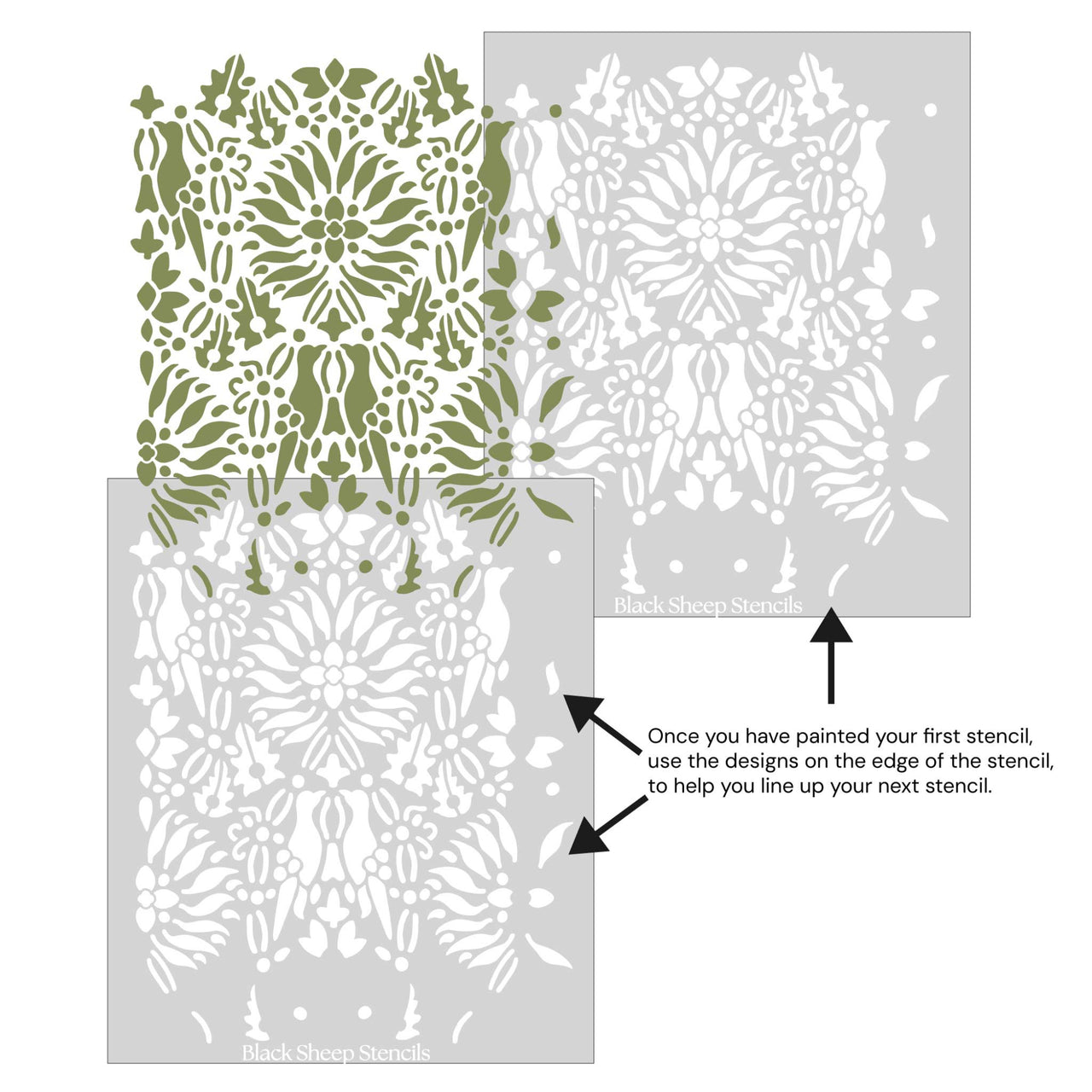Morning dove wall stencil shown with alignment guides, demonstrating how to line up overlapping stencil sheets for continuous floral pattern during DIY wall painting.