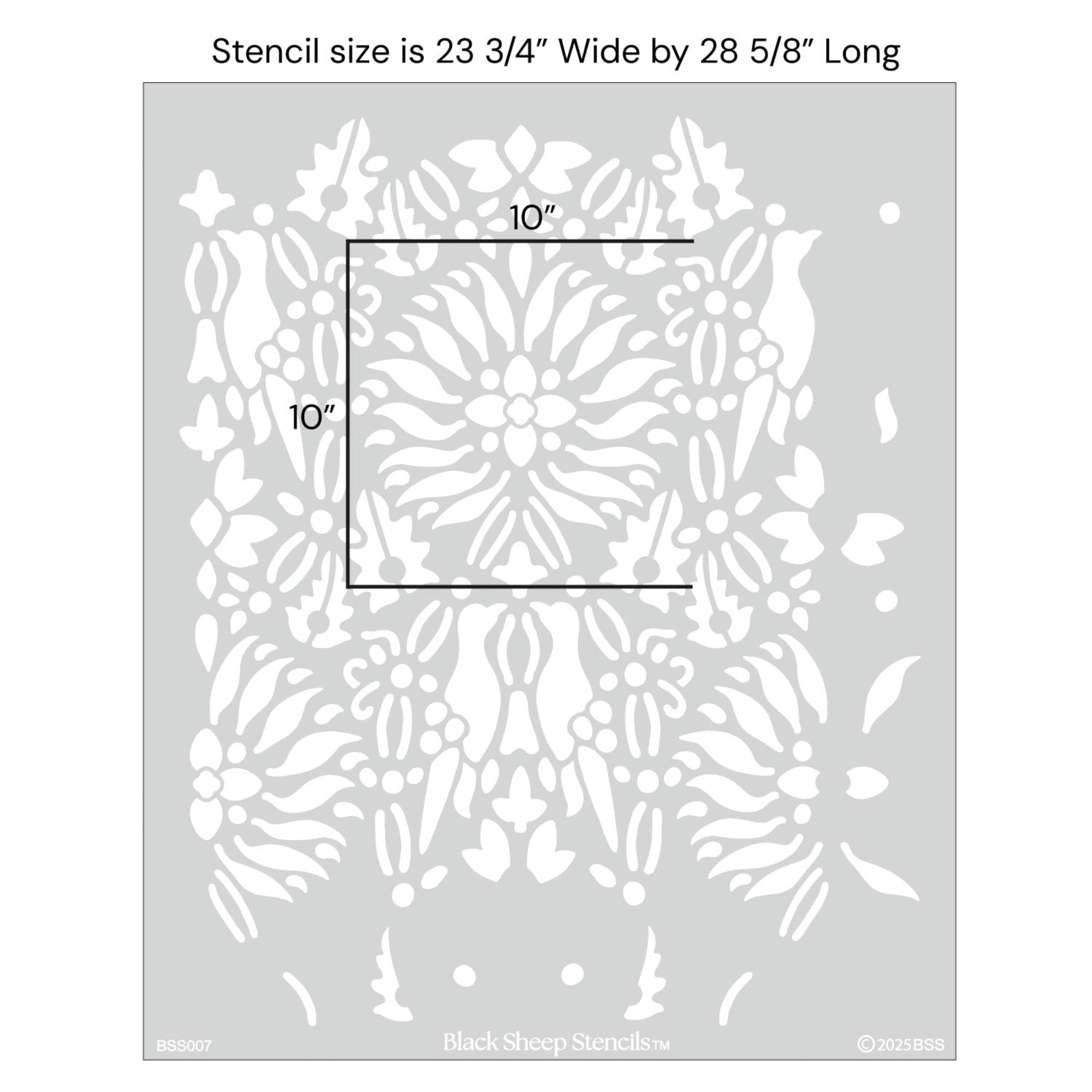 Morning dove wall stencil with product dimensions showing 23 3/4 inches wide by 28 5/85 inches long.