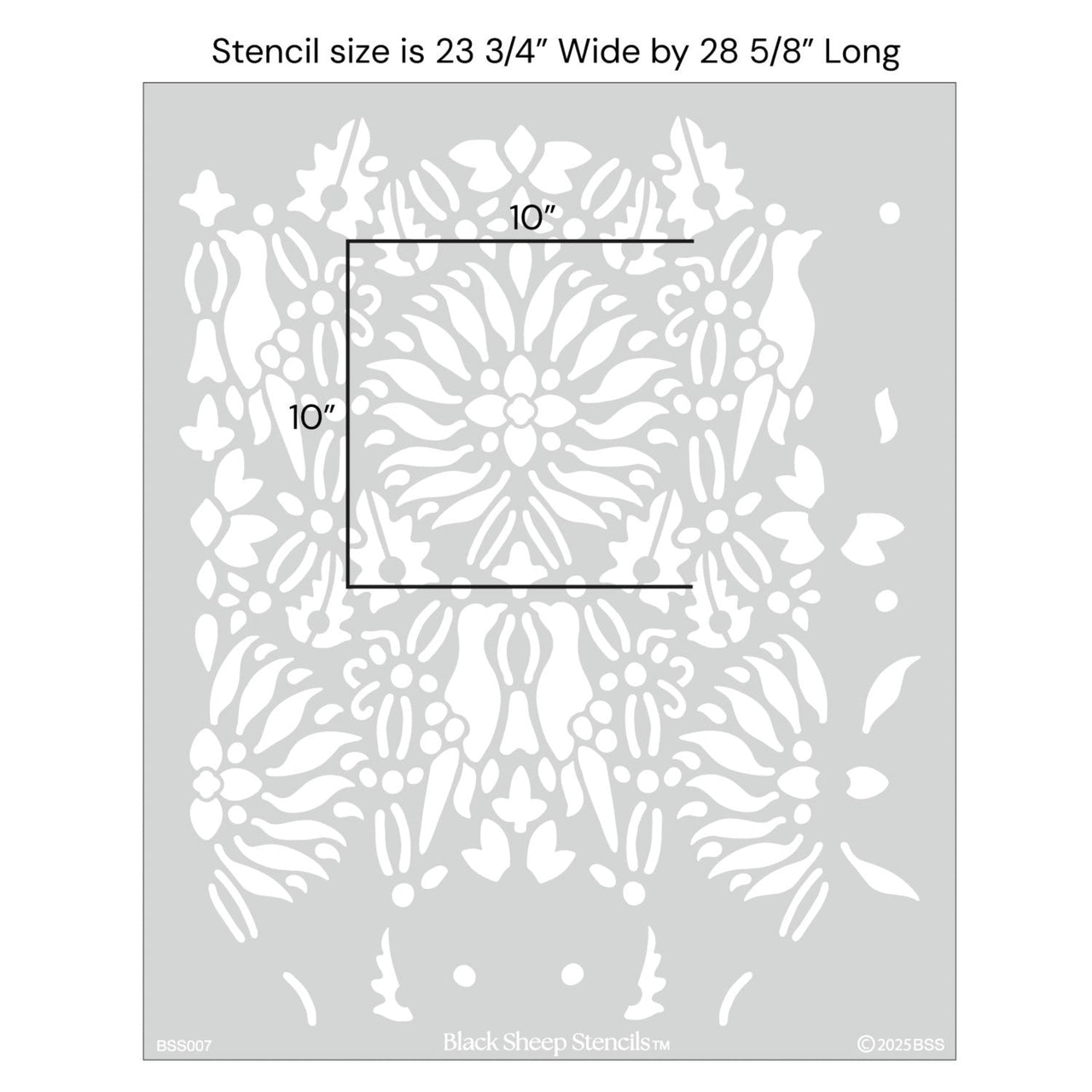 Morning dove wall stencil with product dimensions showing 23 3/4 inches wide by 28 5/85 inches long.