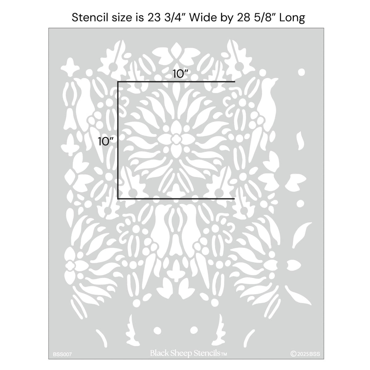 Morning dove wall stencil with product dimensions showing 23 3/4 inches wide by 28 5/85 inches long.