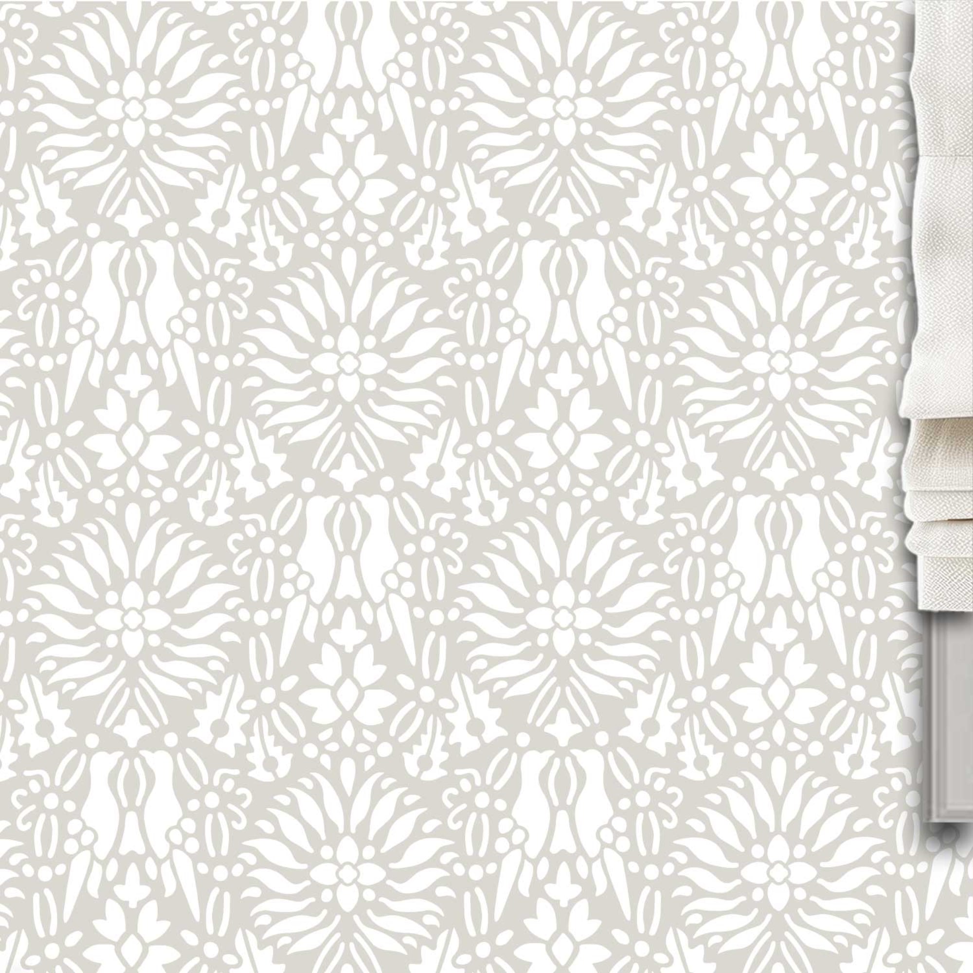 Morning dove wall stencil pattern shown in beige and white with repeat motifs, ideal for DIY wall painting and interior decor projects.
