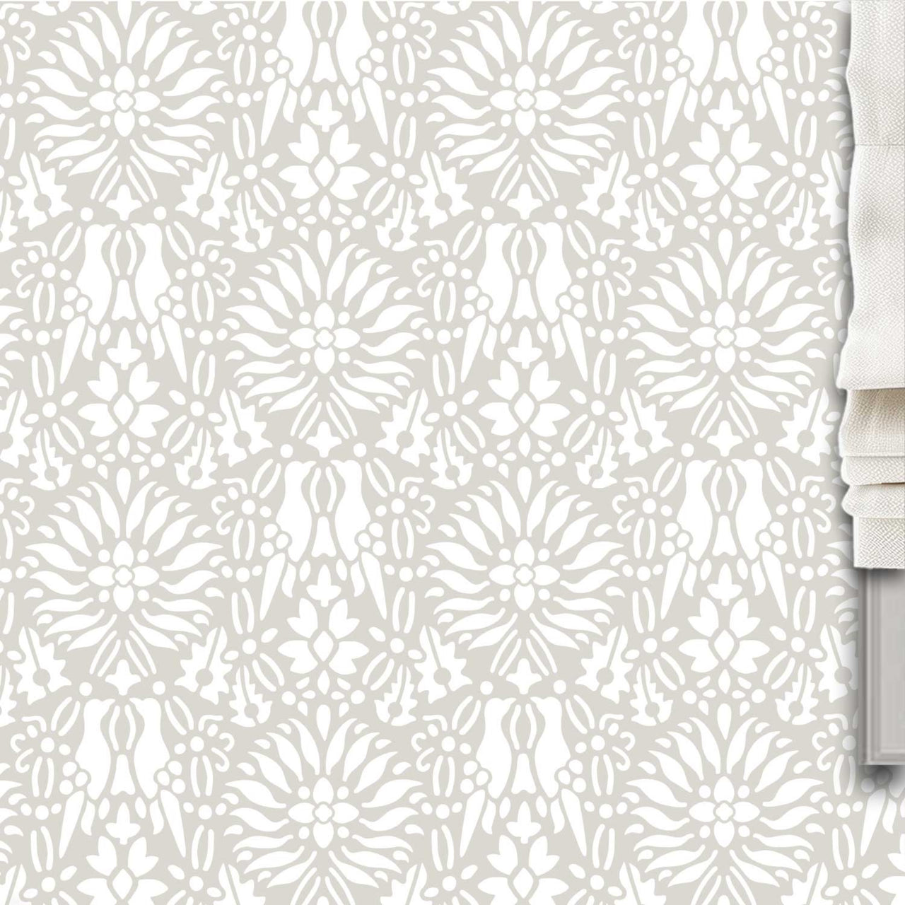 Morning dove wall stencil pattern shown in beige and white with repeat motifs, ideal for DIY wall painting and interior decor projects.
