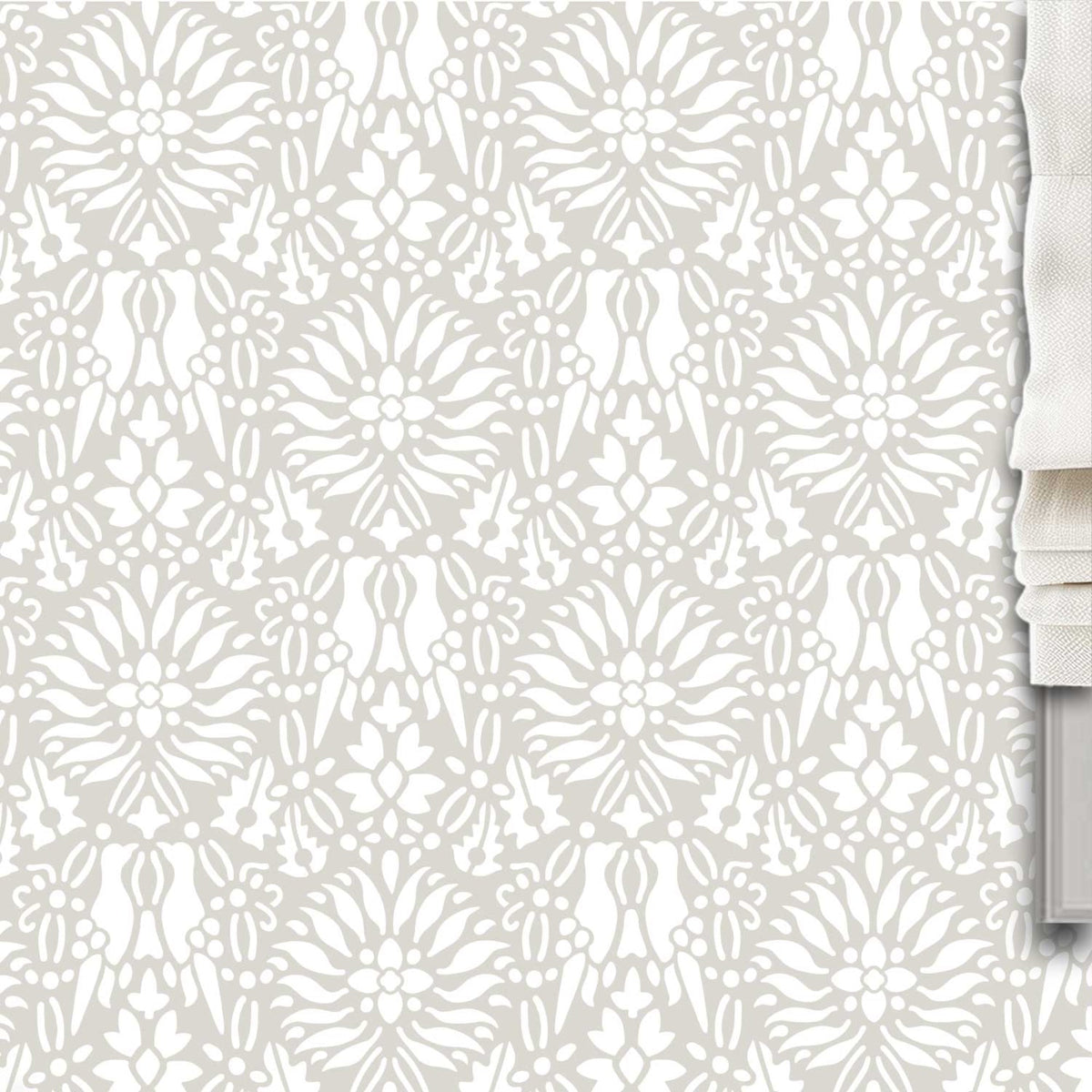 Morning dove wall stencil pattern shown in beige and white with repeat motifs, ideal for DIY wall painting and interior decor projects.