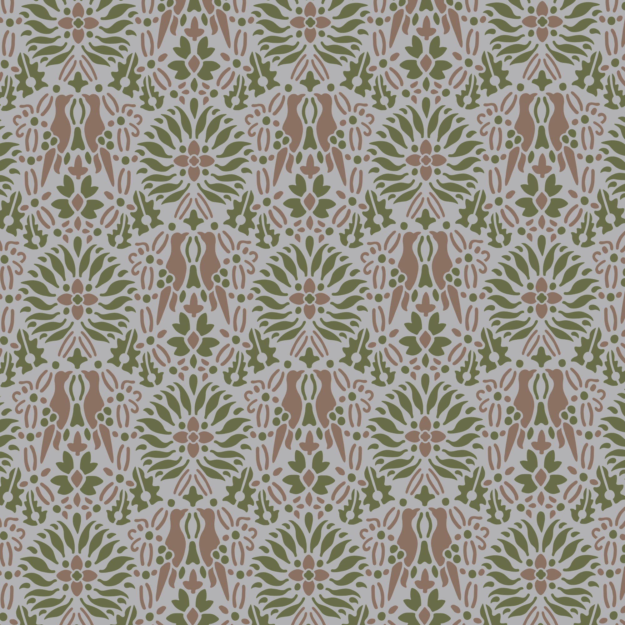 Morning dove wall stencil pattern shown in green, mauve and grey with repeat motifs, ideal for DIY wall painting and interior decor projects.