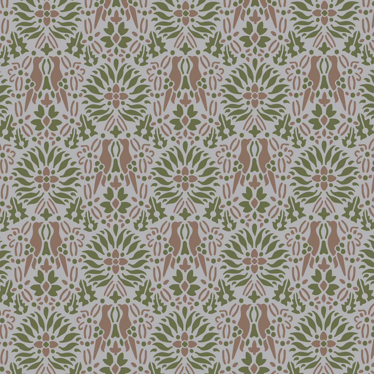 Morning dove wall stencil pattern shown in green, mauve and grey with repeat motifs, ideal for DIY wall painting and interior decor projects.