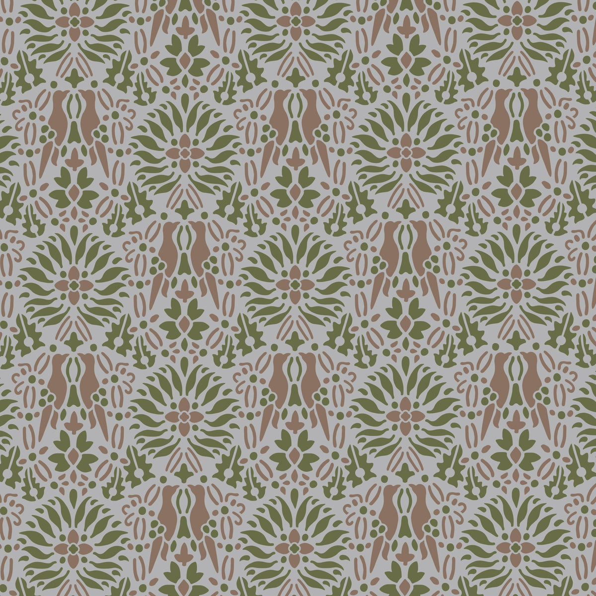 Morning dove wall stencil pattern shown in green, mauve and grey with repeat motifs, ideal for DIY wall painting and interior decor projects.