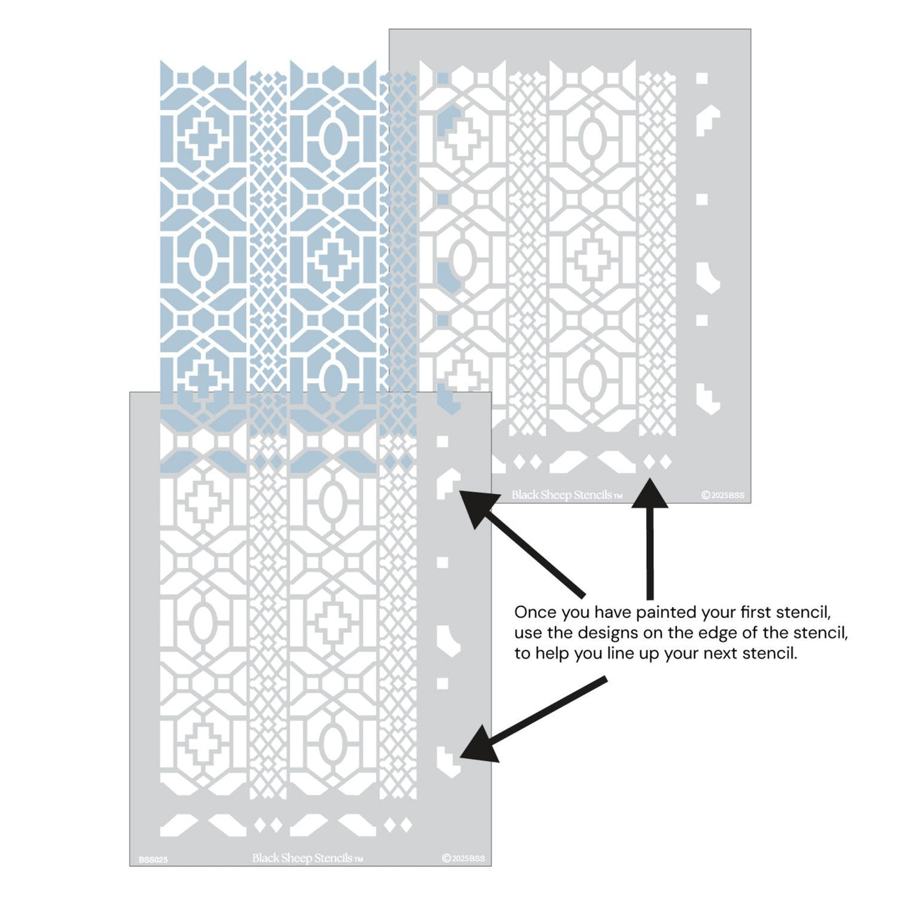 Moroccan lattice wall stencil shown with alignment guides, demonstrating how to line up overlapping stencil sheets for continuous floral pattern during DIY wall painting.