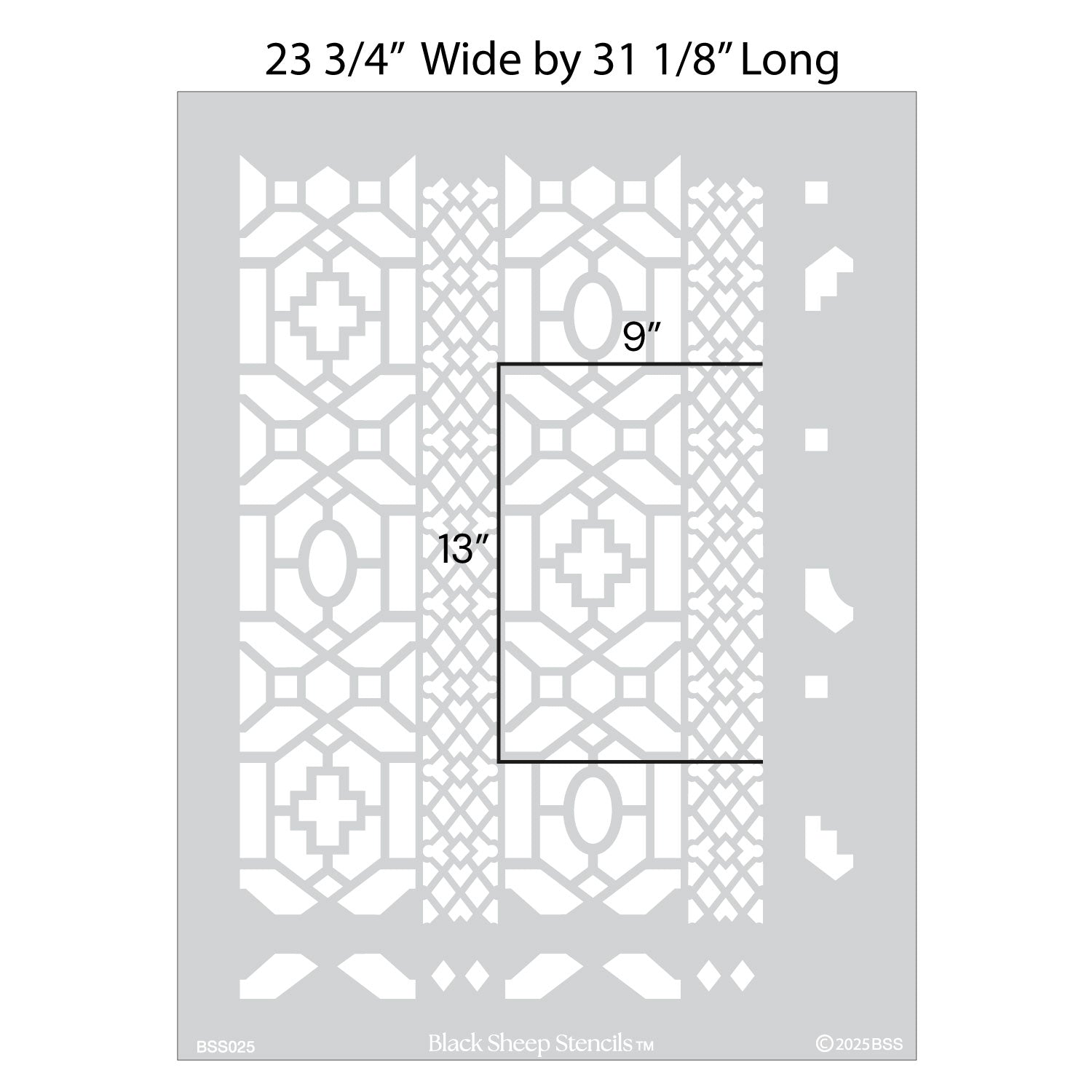 Moroccan lattice wall stencil featuring a geometric pattern with vertical bands of interlocking shapes, ovals, and crosses with full dimensions showing 23 3/4 inches wide by 31 1/8 inches long.