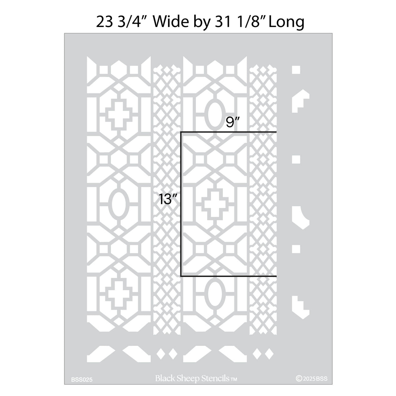 Moroccan lattice wall stencil featuring a geometric pattern with vertical bands of interlocking shapes, ovals, and crosses with full dimensions showing 23 3/4 inches wide by 31 1/8 inches long.