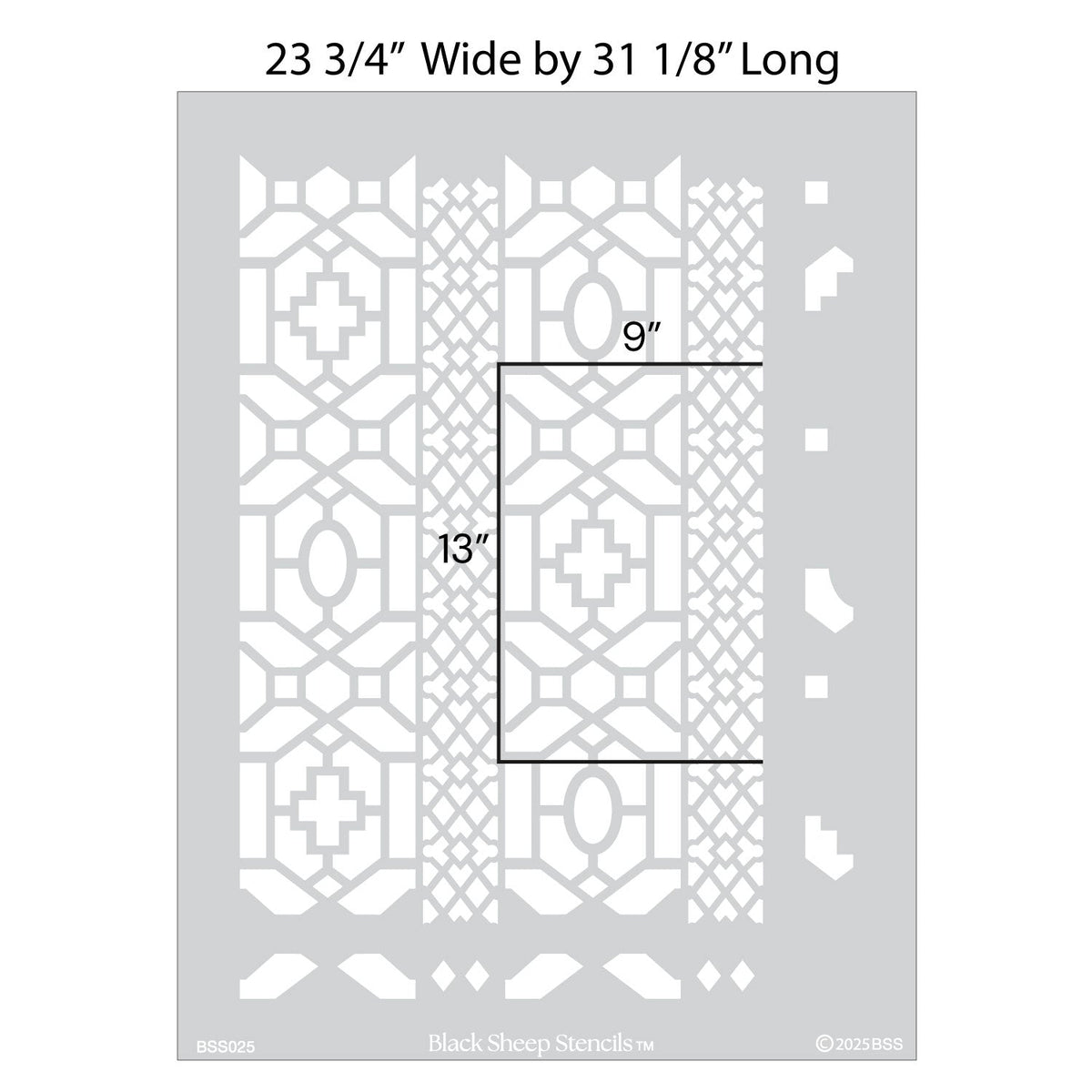 Moroccan lattice wall stencil featuring a geometric pattern with vertical bands of interlocking shapes, ovals, and crosses with full dimensions showing 23 3/4 inches wide by 31 1/8 inches long.