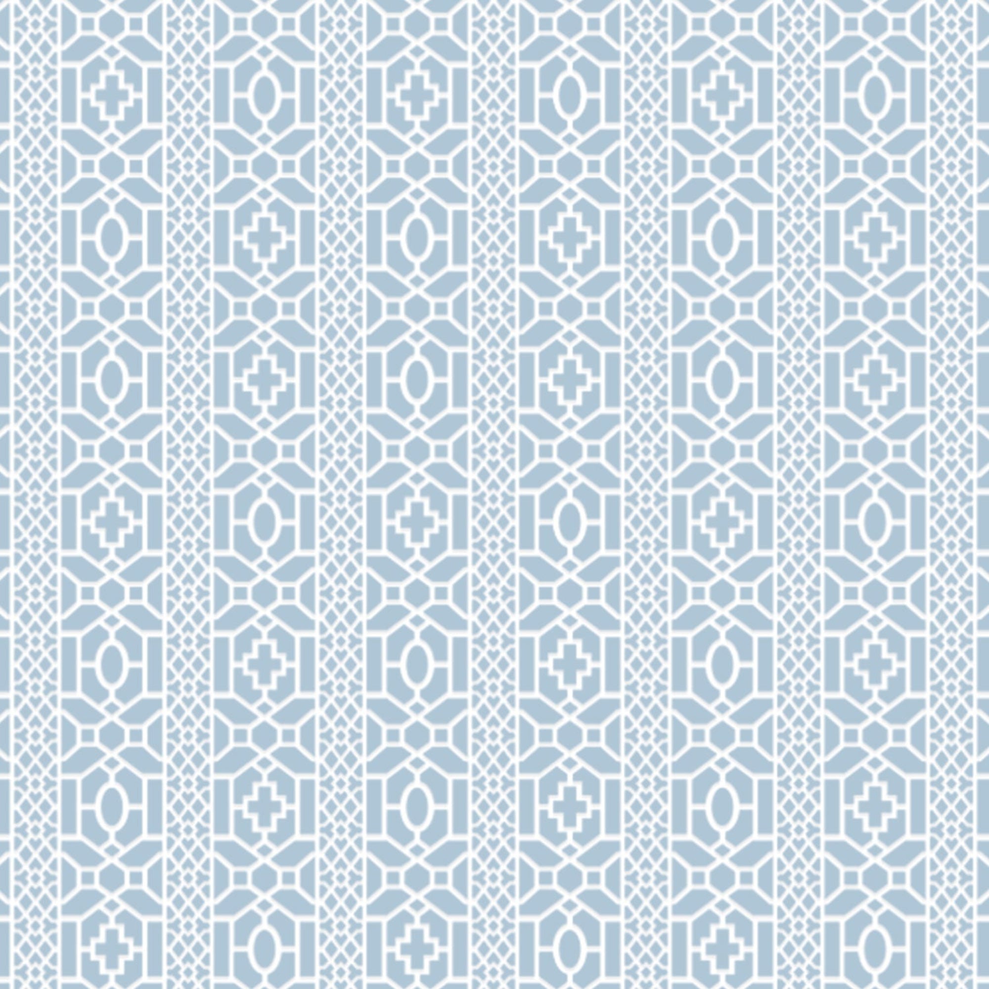 Moroccan lattice wall stencil pattern in a blue and white geometric design with repeating vertical motifs, ideal for DIY wall painting and interior decor projects.