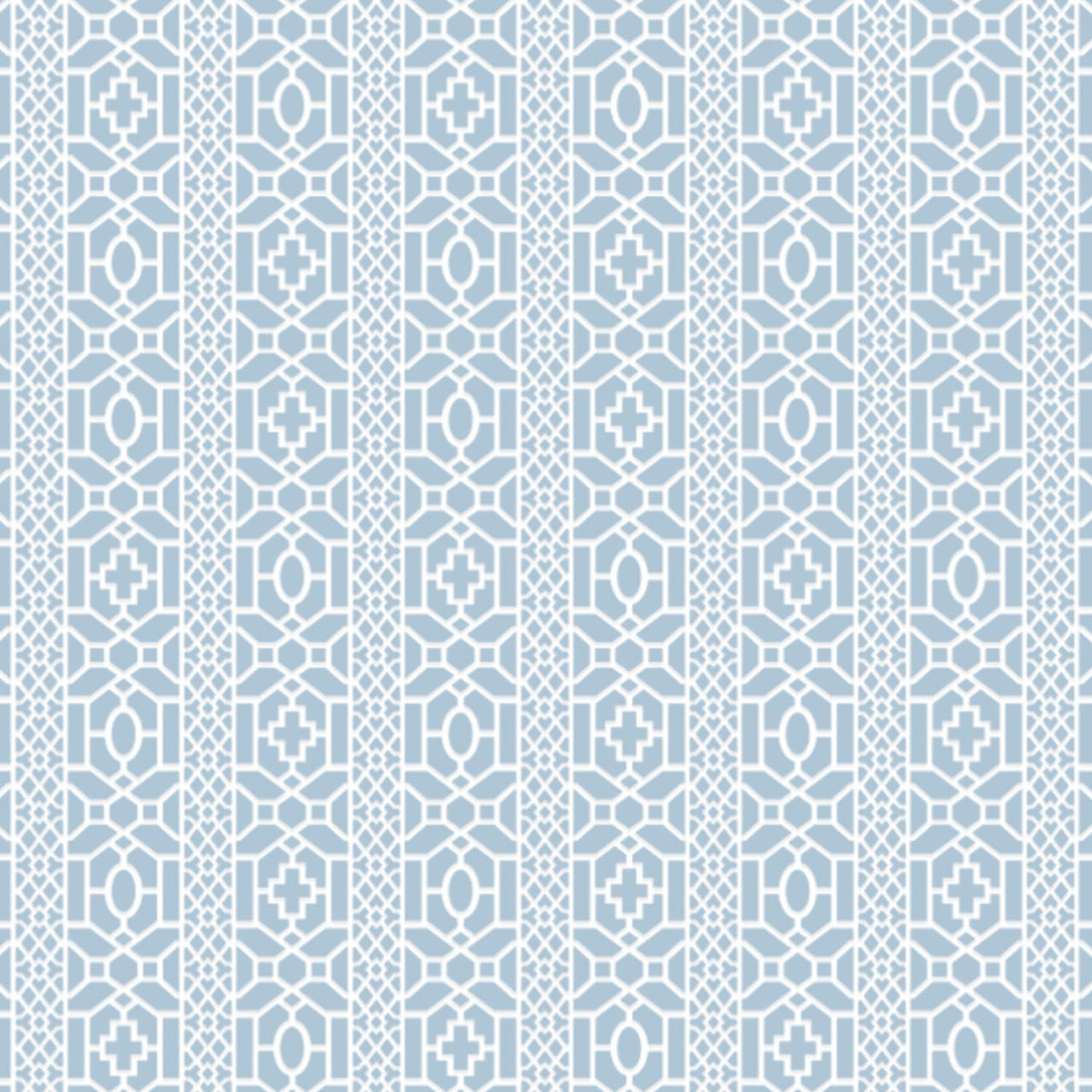 Moroccan lattice wall stencil pattern in a blue and white geometric design with repeating vertical motifs, ideal for DIY wall painting and interior decor projects.