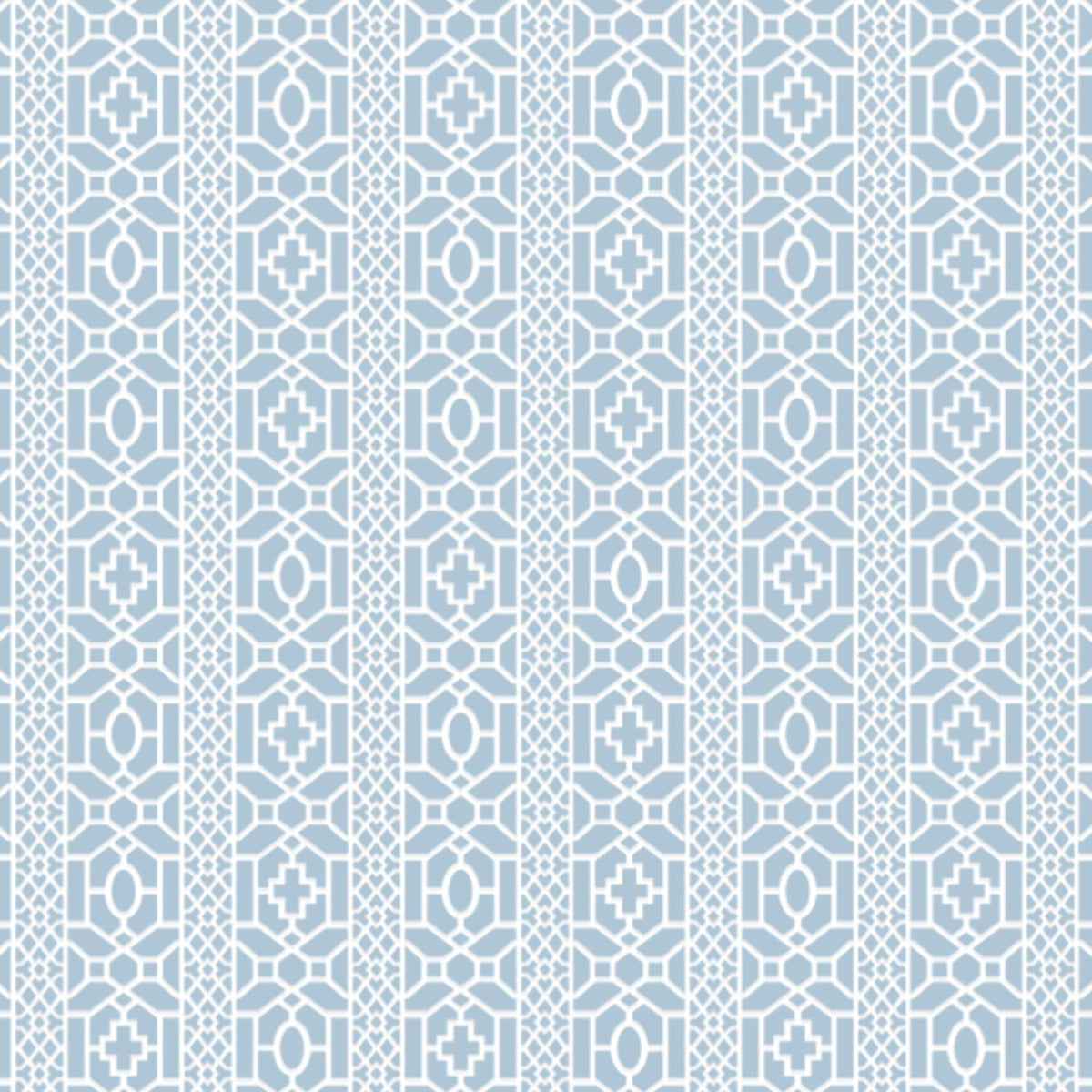Moroccan lattice wall stencil pattern in a blue and white geometric design with repeating vertical motifs, ideal for DIY wall painting and interior decor projects.