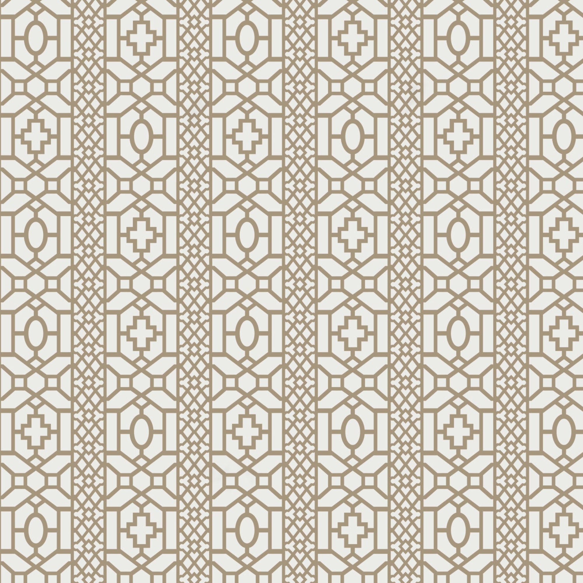 Moroccan lattice wall stencil pattern in a brown and light beige geometric design with repeating vertical motifs, ideal for DIY wall painting and interior decor projects.