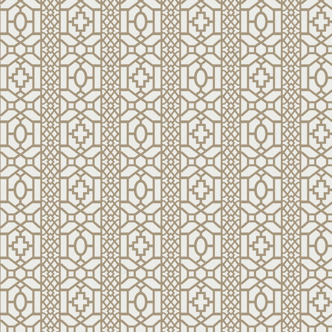 Moroccan lattice wall stencil pattern in a brown and light beige geometric design with repeating vertical motifs, ideal for DIY wall painting and interior decor projects.