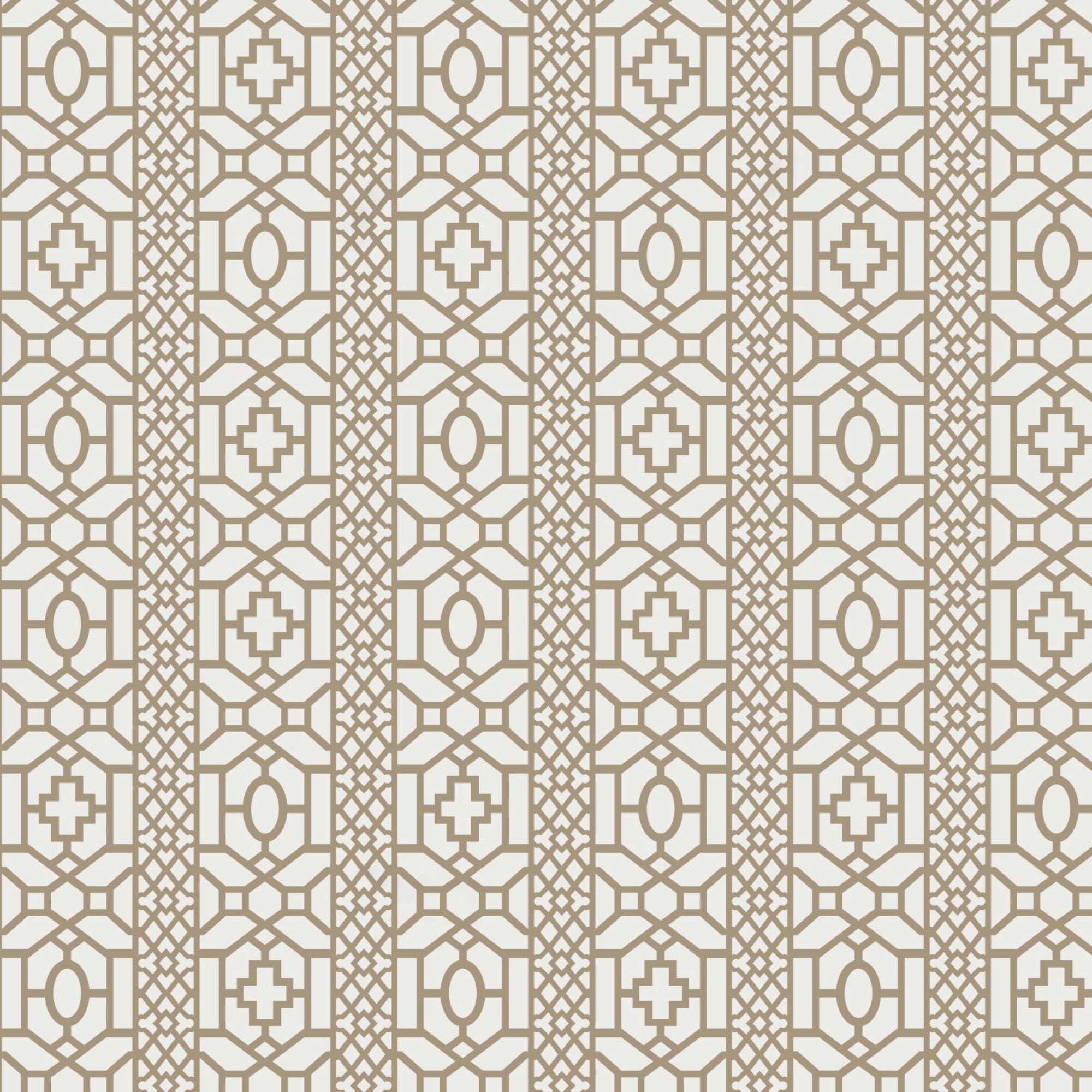 Moroccan lattice wall stencil pattern in a brown and light beige geometric design with repeating vertical motifs, ideal for DIY wall painting and interior decor projects.