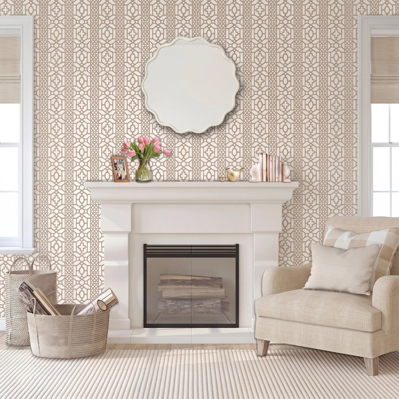 Moroccan lattice wall stencil applied behind a white fireplace mantel with tulips, books, a scalloped mirror, and soft natural light creating a warm, elegant room setting.