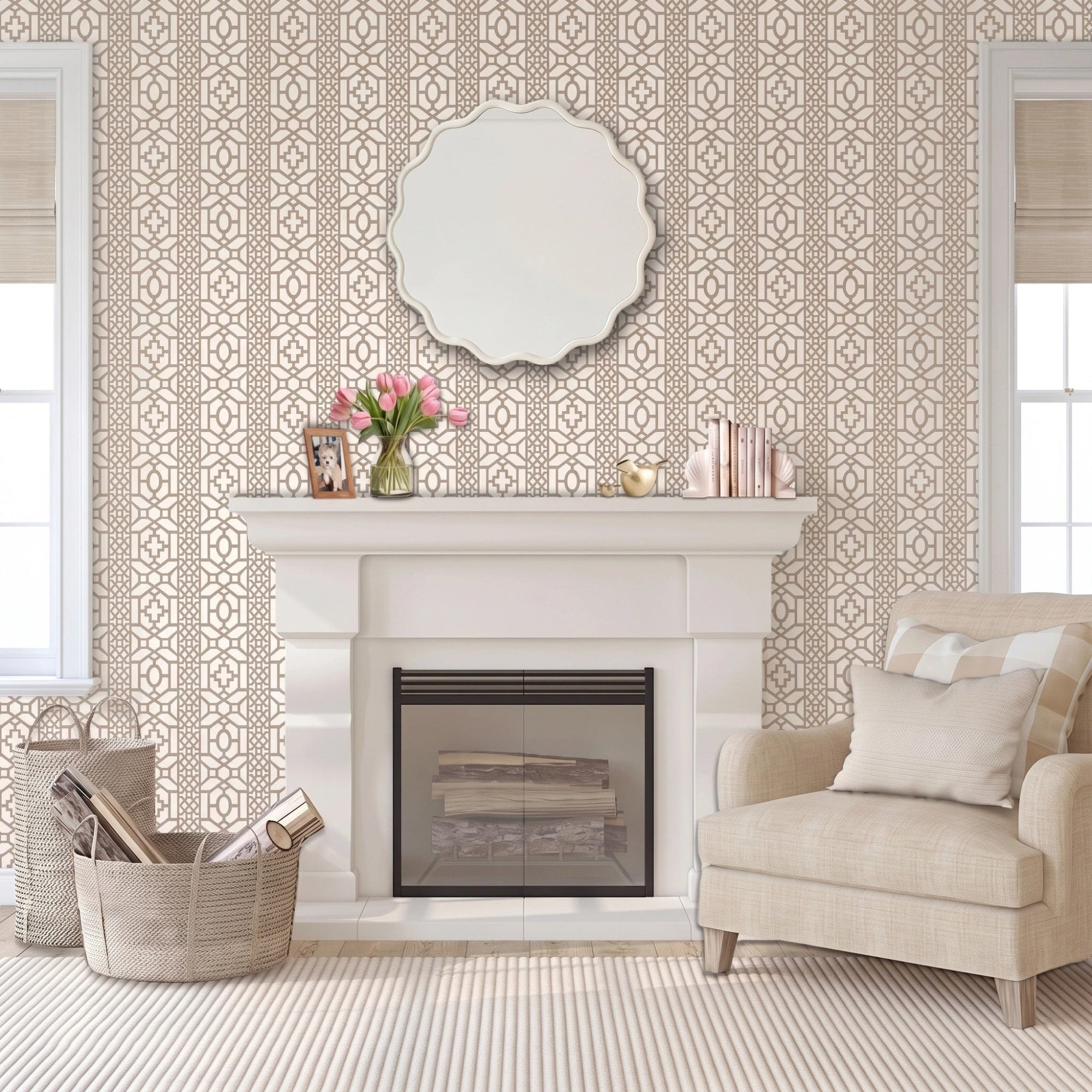 Moroccan lattice wall stencil applied behind a white fireplace mantel with tulips, books, a scalloped mirror, and soft natural light creating a warm, elegant room setting.