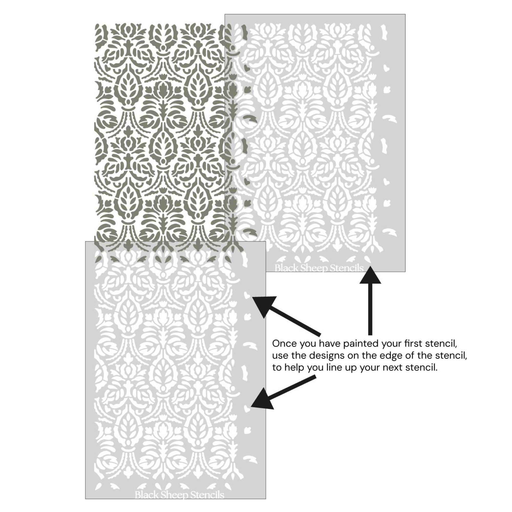 Spear thistle wall stencil shown with alignment guides, demonstrating how to line up overlapping stencil sheets for continuous floral pattern during DIY wall painting.
