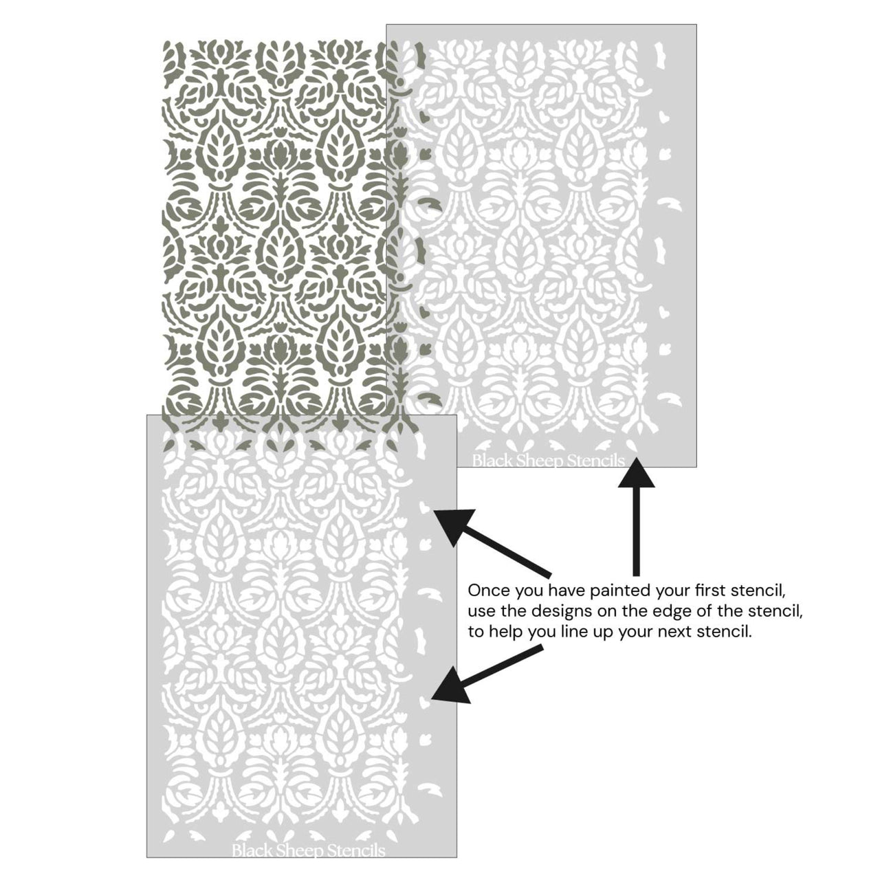 Spear thistle wall stencil shown with alignment guides, demonstrating how to line up overlapping stencil sheets for continuous floral pattern during DIY wall painting.