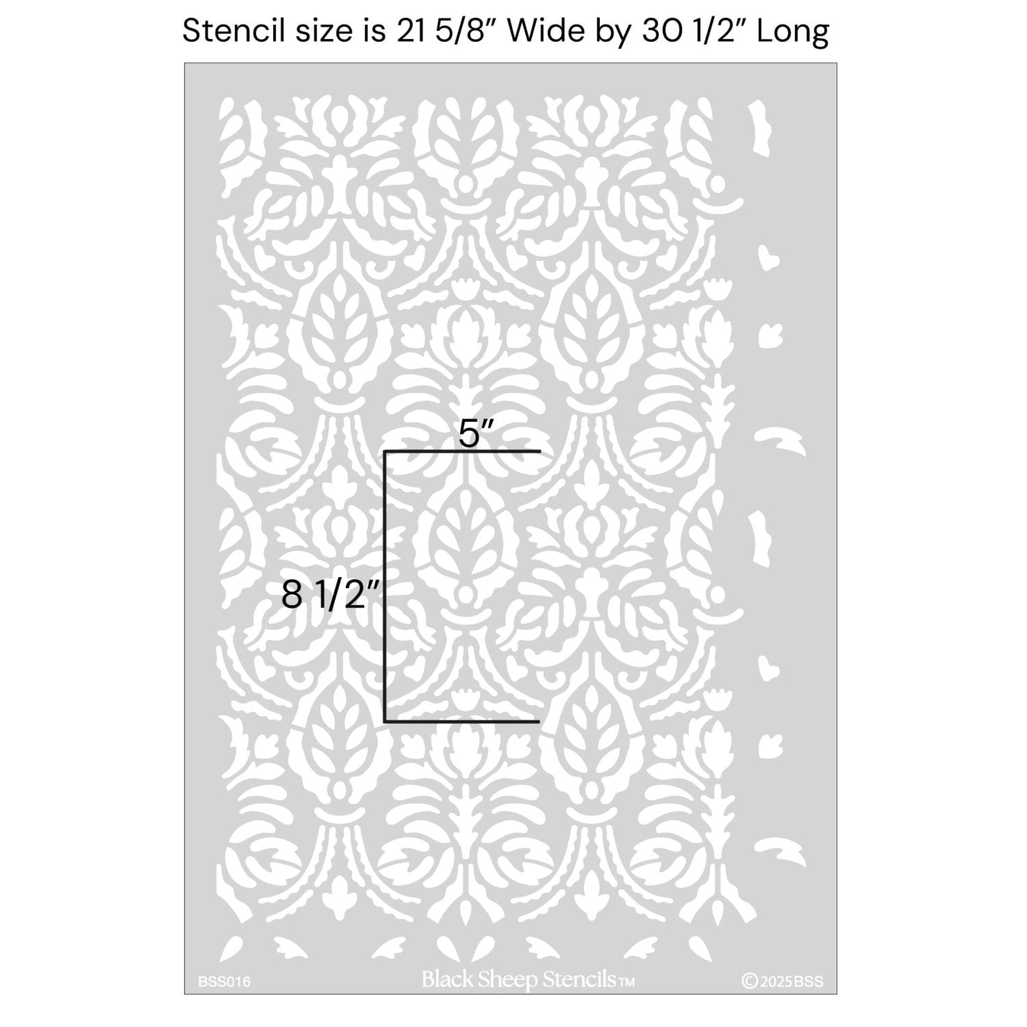 Spear thistle wall stencil with product dimensions showing 21 5/8 inches wide by 30 1/2 inches long.