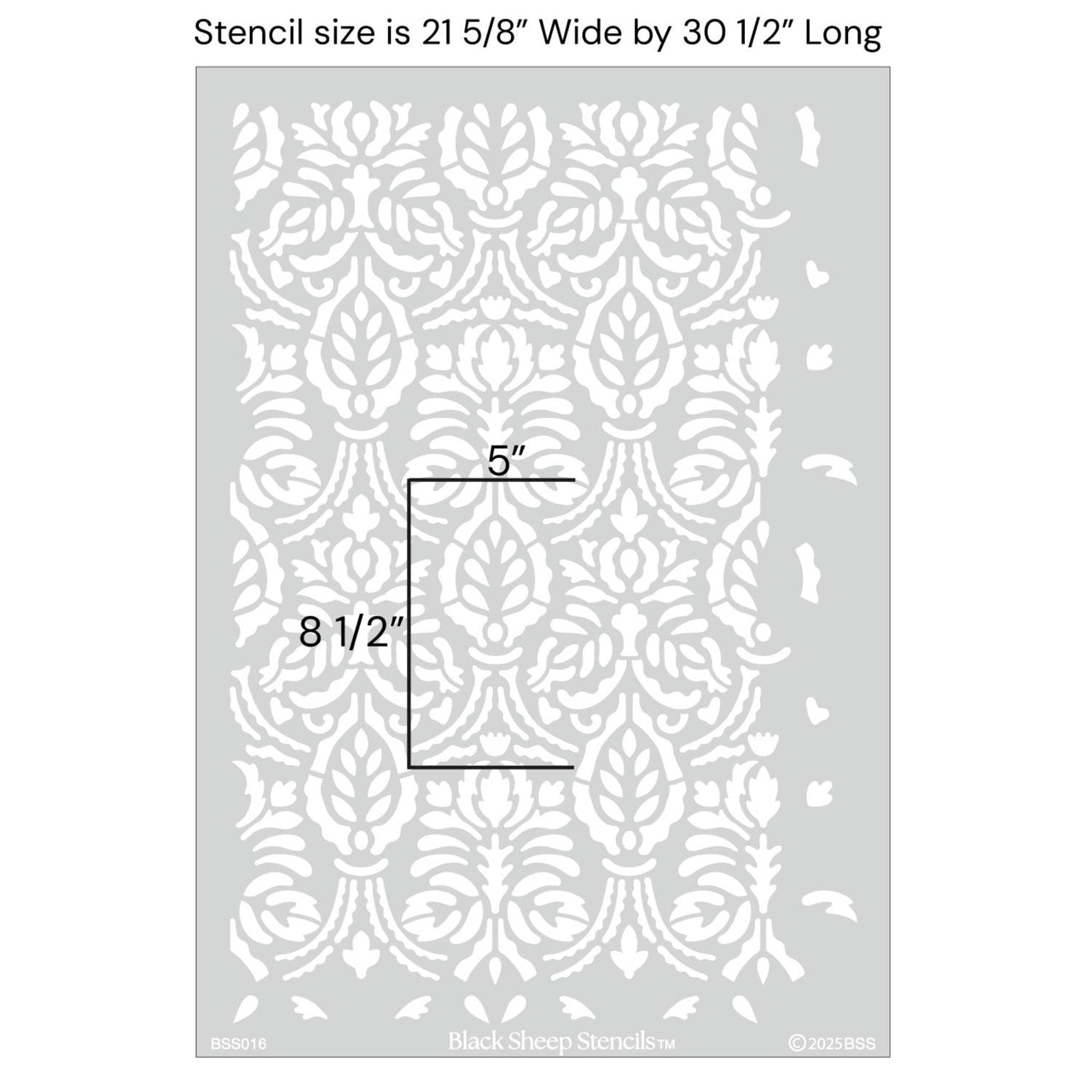 Spear thistle wall stencil with product dimensions showing 21 5/8 inches wide by 30 1/2 inches long.