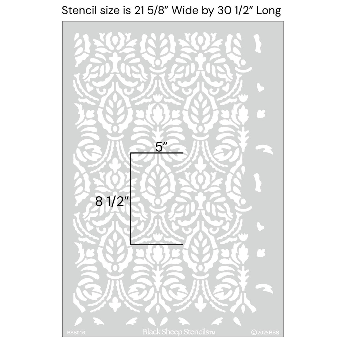 Spear thistle wall stencil with product dimensions showing 21 5/8 inches wide by 30 1/2 inches long.