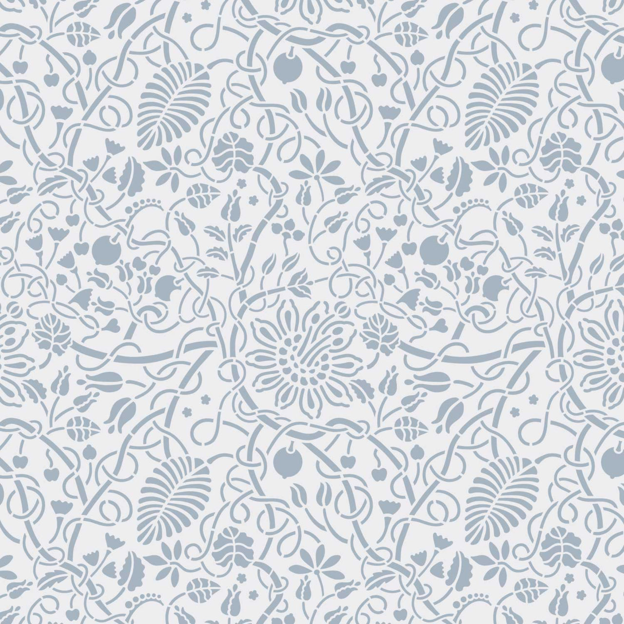 Swedish botanical wall stencil pattern shown in light blue and white floral design with repeating motifs, ideal for DIY wall painting and interior decor projects.
