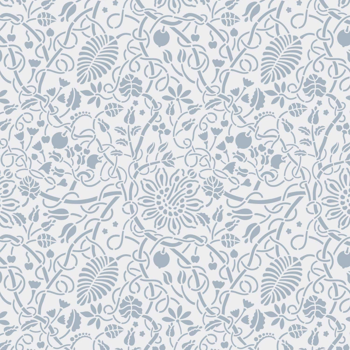 Swedish botanical wall stencil pattern shown in light blue and white floral design with repeating motifs, ideal for DIY wall painting and interior decor projects.