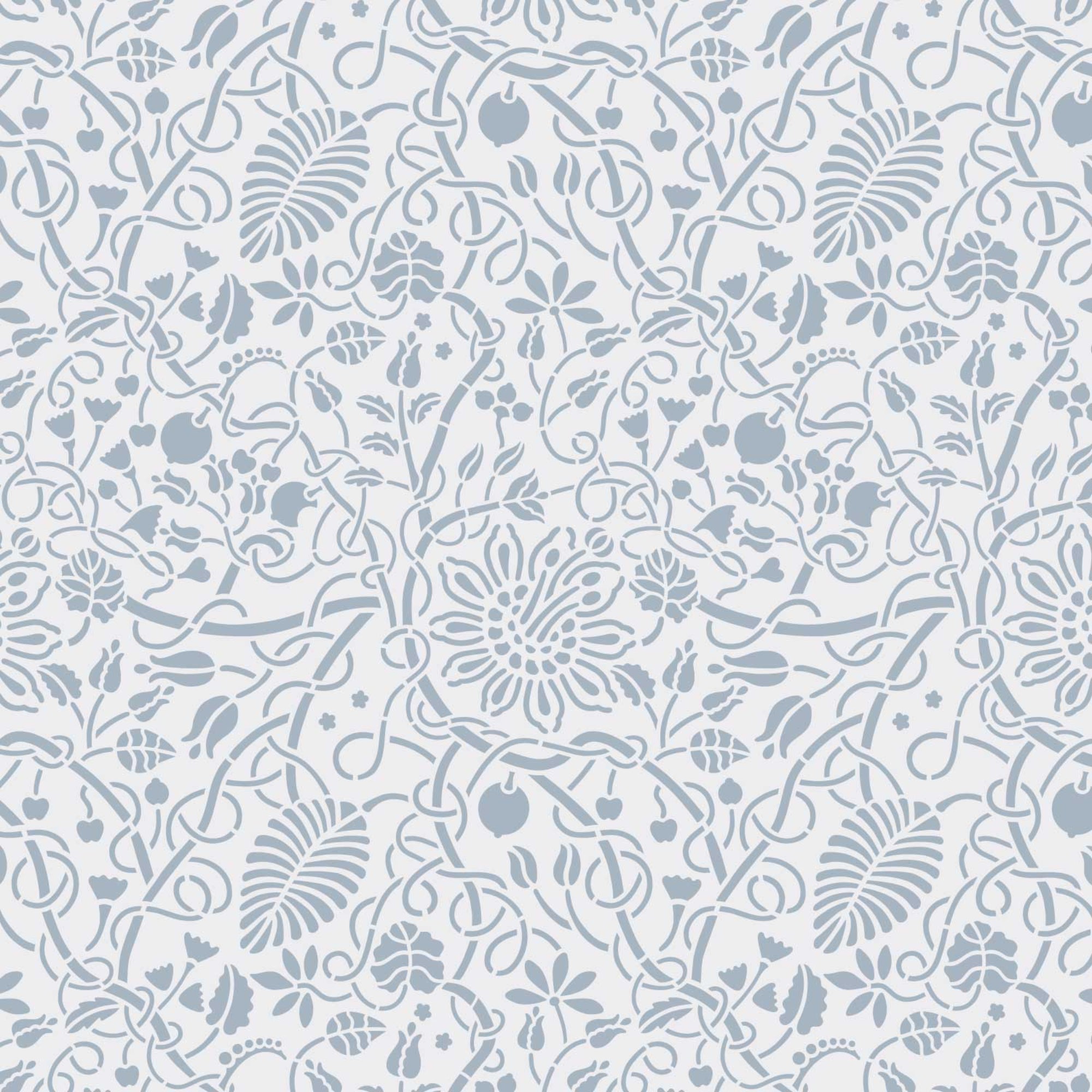 Swedish botanical wall stencil pattern shown in light blue and white floral design with repeating motifs, ideal for DIY wall painting and interior decor projects.