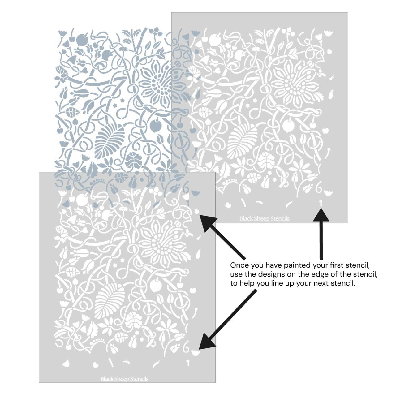 Swedish botanical wall stencil shown with alignment guides, demonstrating how to line up overlapping stencil sheets for continuous floral pattern during DIY wall painting.