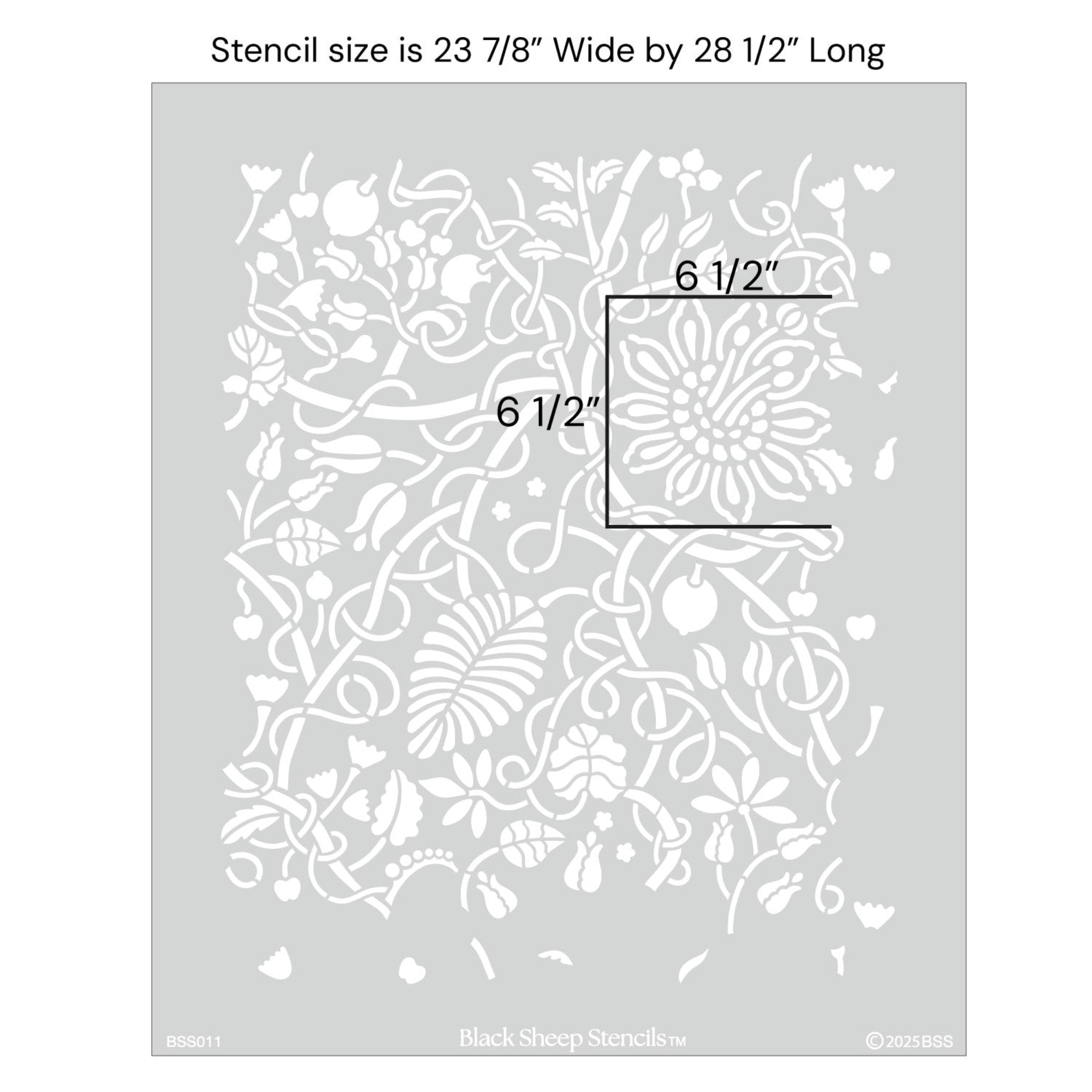 Swedish botanical wall stencil with product dimensions showing 23 7/8 inches wide by 28 1/2 inches long.