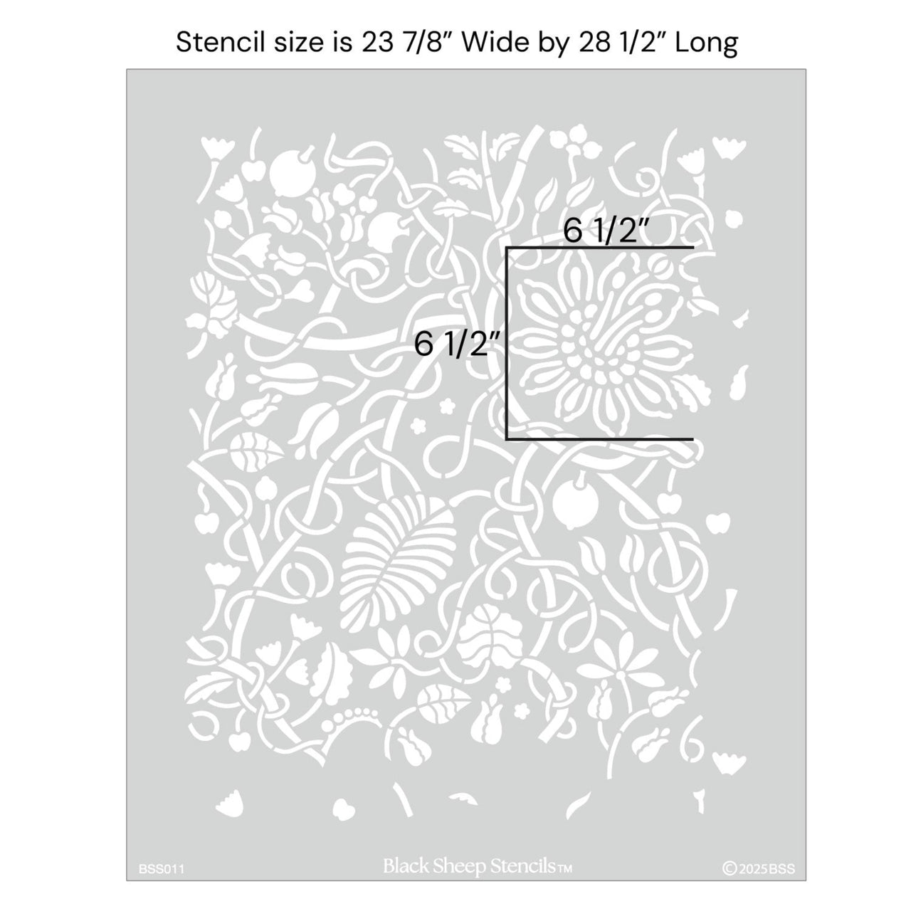 Swedish botanical wall stencil with product dimensions showing 23 7/8 inches wide by 28 1/2 inches long.