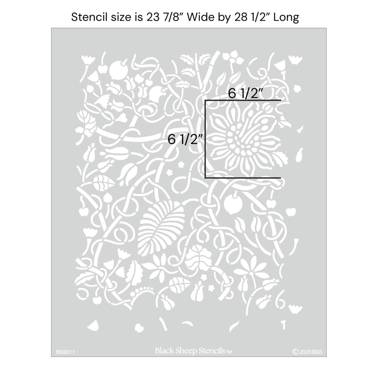 Swedish botanical wall stencil with product dimensions showing 23 7/8 inches wide by 28 1/2 inches long.
