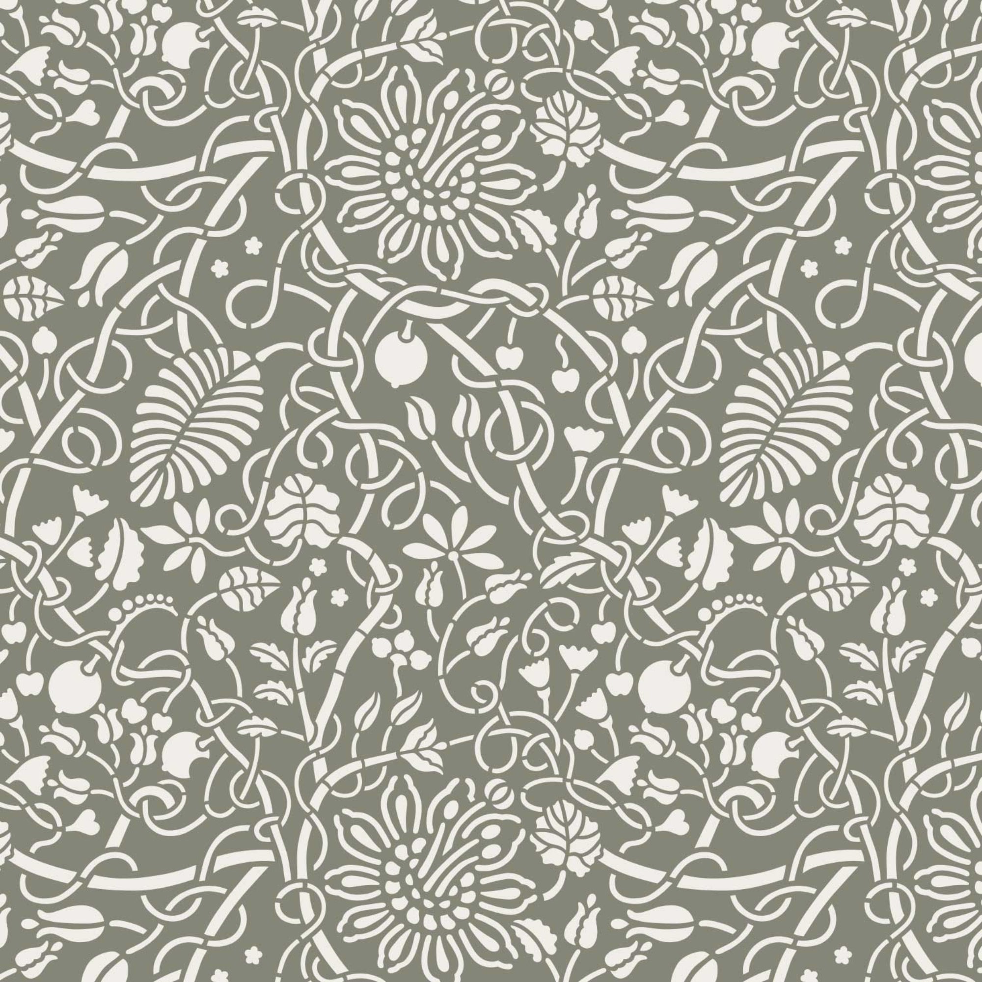 Swedish botanical wall stencil pattern shown in olive green and white floral design with repeating motifs, ideal for DIY wall painting and interior decor projects.