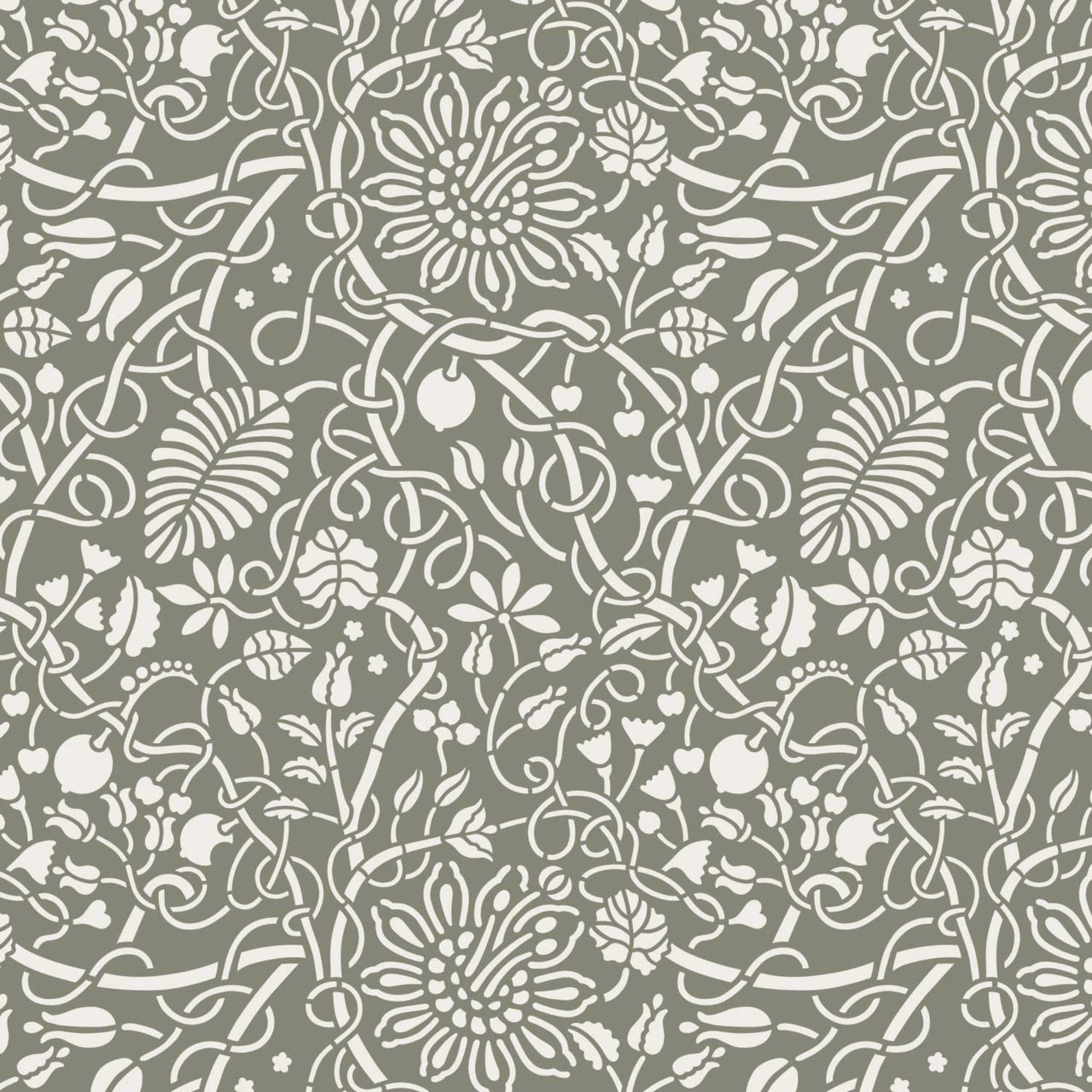 Swedish botanical wall stencil pattern shown in olive green and white floral design with repeating motifs, ideal for DIY wall painting and interior decor projects.