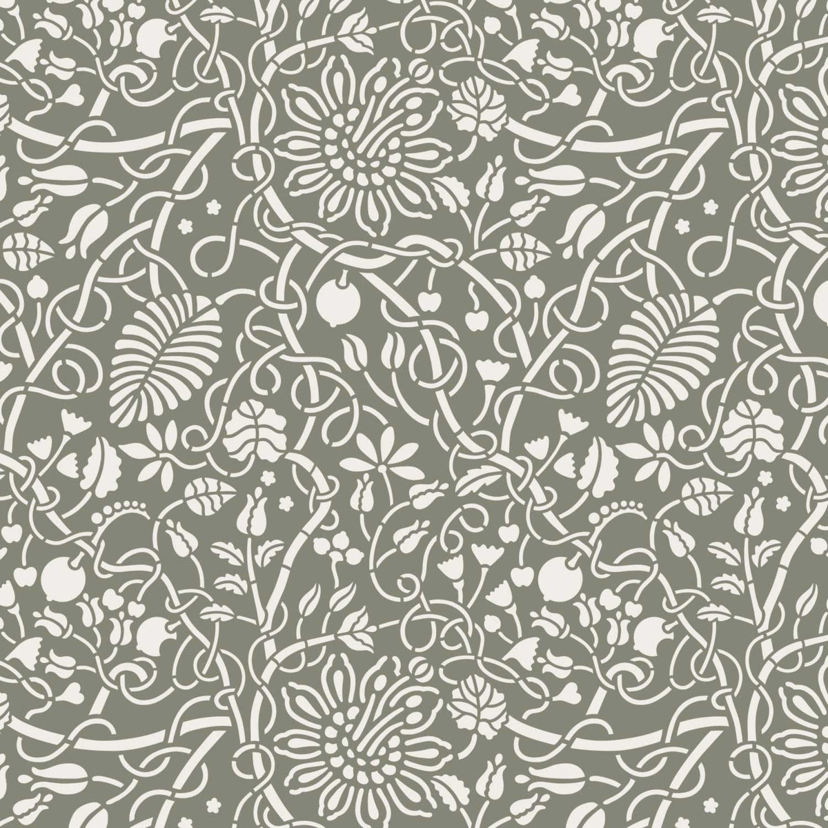 Swedish botanical wall stencil pattern shown in olive green and white floral design with repeating motifs, ideal for DIY wall painting and interior decor projects.